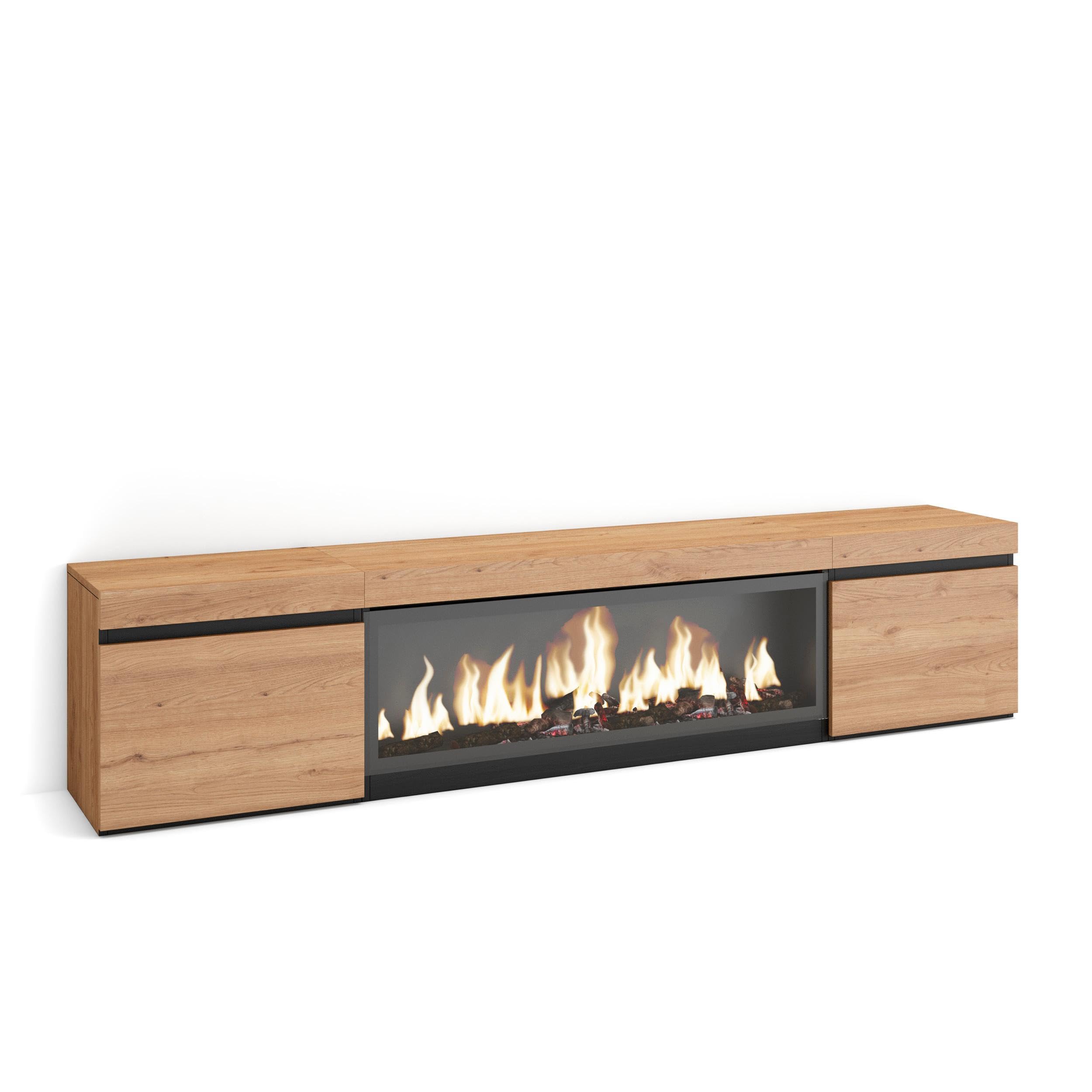 Skraut Home | Mueble TV | Televisión | Muebles de salón, almacenaje | 210 | para TV hasta 80" | Chimenea eléctrica XXL | Estilo Moderno | Roble