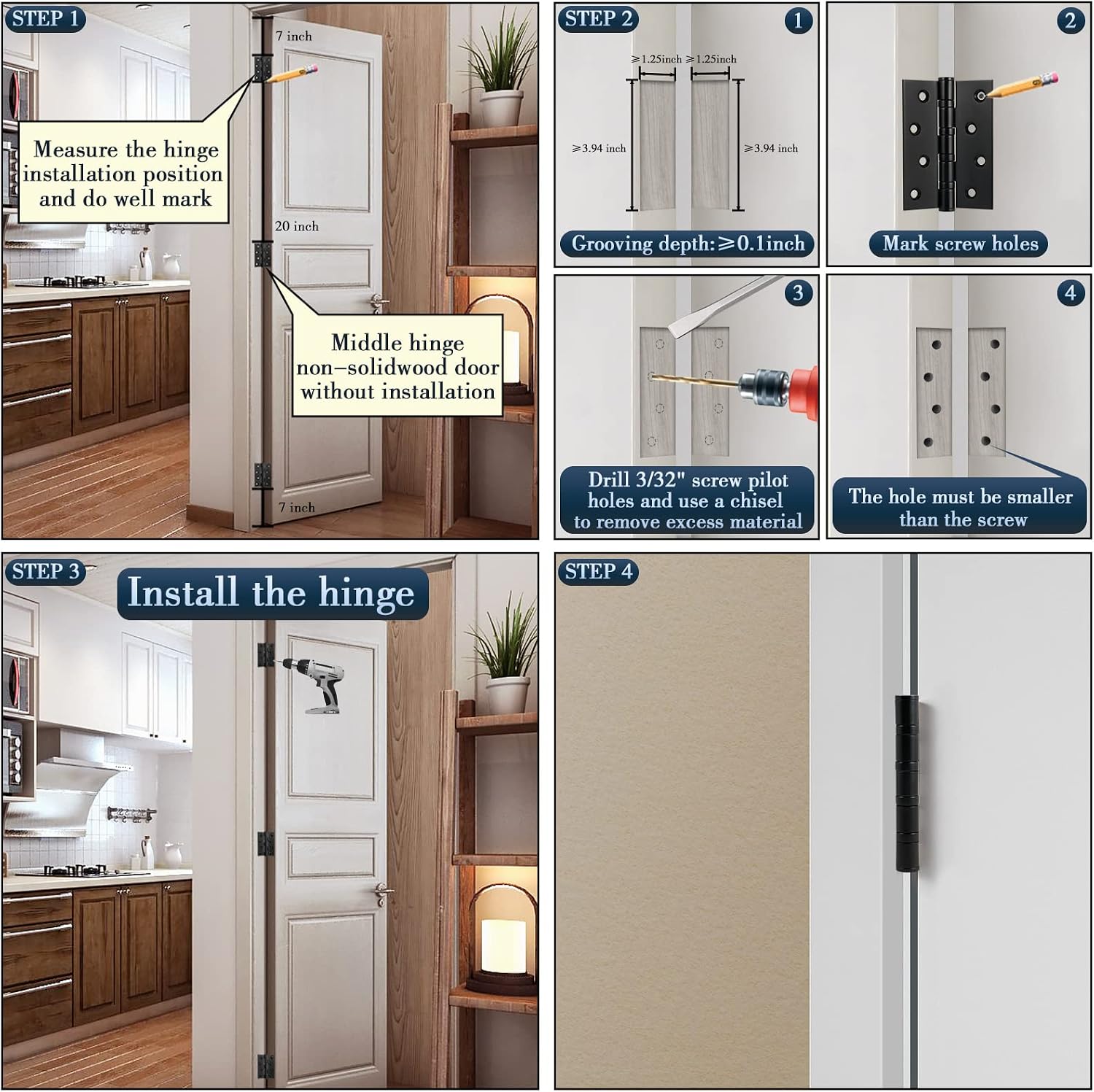 6 Pack Matte Black Door Hinges 4 Inch x 3 Inch, Heavy Duty Thicken Stainless Steel Interior Square Door Hinges, Bifold Residential Standard Bedroom Door Hinge.