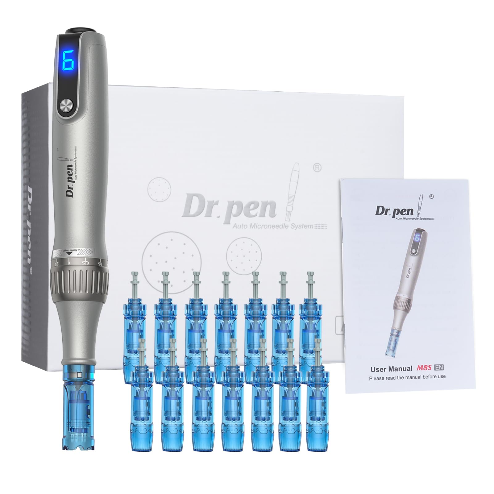 Dr Pen Microneedling M8S Microneedling Pen avec gamme complète de cartouches, 14 cartouches de stylo M8S, utilisé pour anti-âge, raffermissement de la peau, éclaircissement des imperfections de la