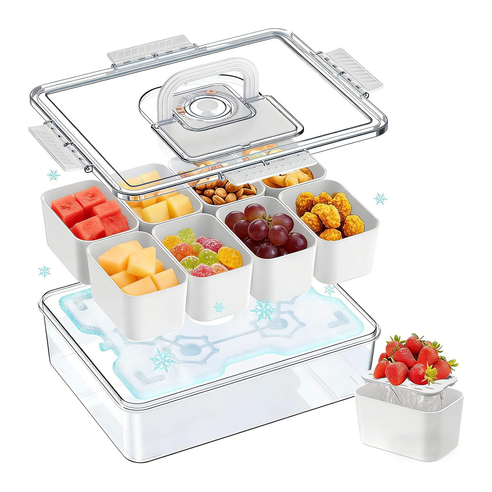 Snack Box con scomparti di raffreddamento – Contenitore frigo portatile con manico per picnic, viaggi e feste all'aperto – Con scomparto per ghiaccio per snack freschi, frutta e verdura