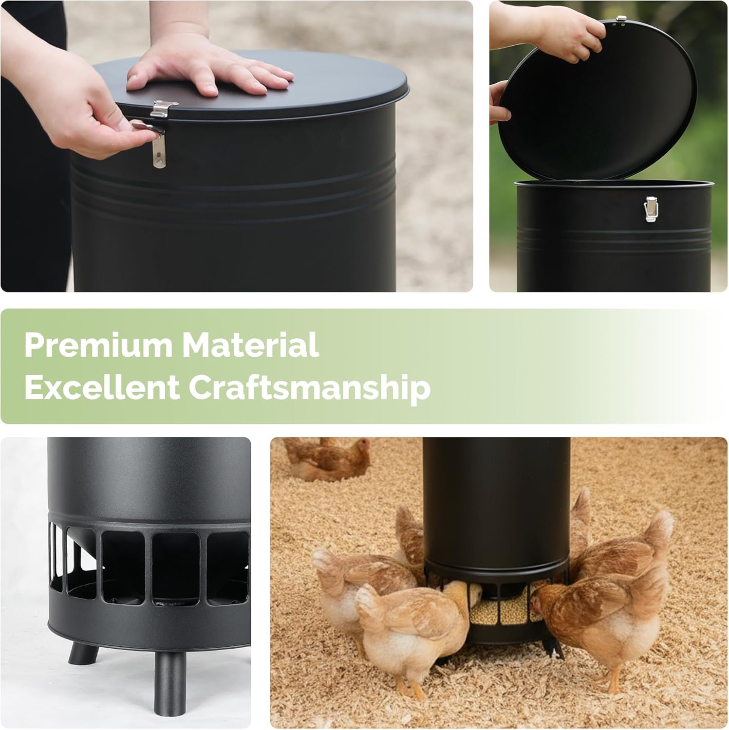 Solution4Patio 65 LB Large Chicken Feeder No-Waste, Portable Gravity Chicken Feeder Automatic, Dispenser, 16 Feeding Ports Poultry Feeder, Hen Coop (Black)