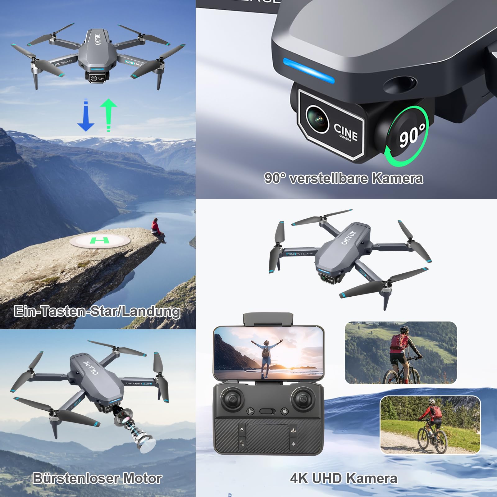 OKYUK K618 MAX Drohne mit Kamera 4K,270°Hindernisvermeidungs Drone Quadcopter mit FPV WiFi Übertragung, Einstellbare Linse, 3D Flip, Höhenhaltung, Spielzeug und Geschenke für Jungen Mädchen Anfänger