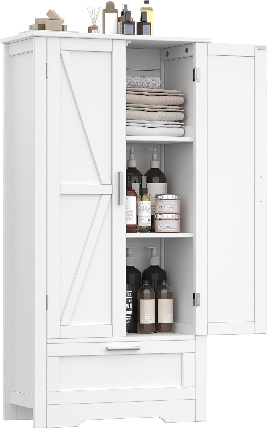 Bathroom Floor Storage Cabinet with Drawer, Standing Entryway Storage Unit with Adjustable Shelf, Barn Doors Design, Cupboard for Kitchen, Entryway, White