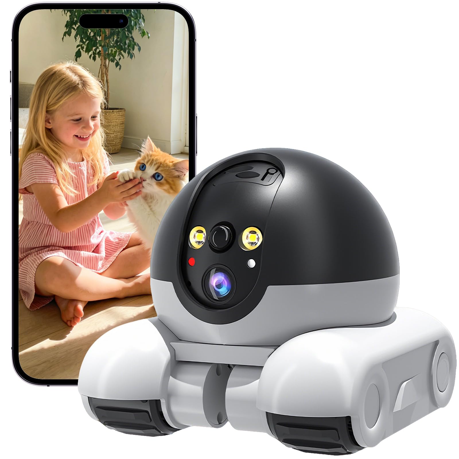 Robot Camera, 1080P Duales Cámara Robot para Mascotas con Audio 2 vÃas, Visión Nocturna, Reconocimiento de Movimiento, Grabación de vÃdeo, Control de Aplicaciones para Gatos, Perros, Bebé
