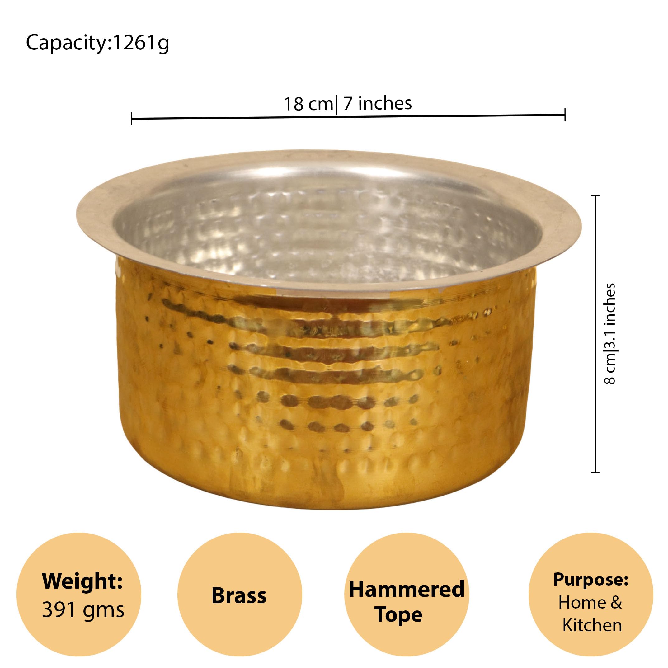Putrika Brass Polished Utensil Hammered Vadi Chatti With TIN Coating|Tope|Kitchenware|Cookware|Brass Pathiram|Patilas|Tapeli|Peetal|Sarva Satti|Bhagoni Set-Hammered Vadi Chatti (Size 2), 1 Liter 3