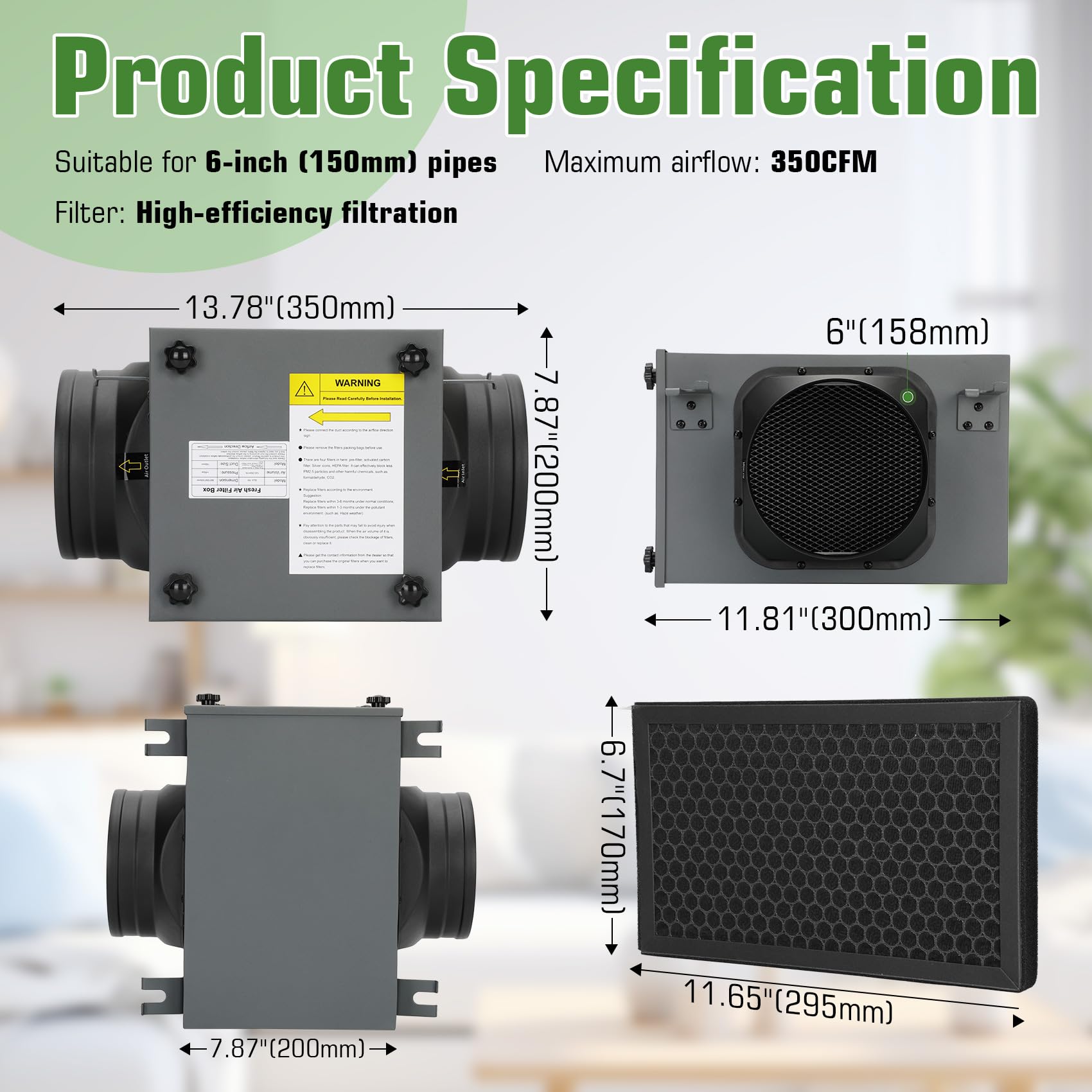 Caja de filtro en línea de 3 capas de 6 pulgadas con filtros HEPA y de carbono, caja de filtro de purificación para sistema HVAC de toda la casa, se adapta a ventiladores de conducto en línea de 6