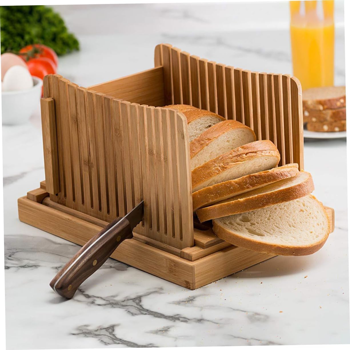 Bamboo Bread Slicer with Crumb Tray Bread Cutting Guide for Even Slices Lightweight and Easy to Clean Homemade Bagels and Sandwiches