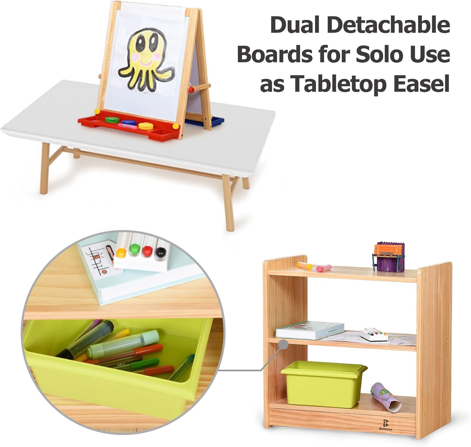 Dual-Sided Magnetic Art Easel, Wooden Activity Station w/ 2-Tier Storage Cabinet, Art Center for Toddlers, Classroom Whiteboard & Chalkboard