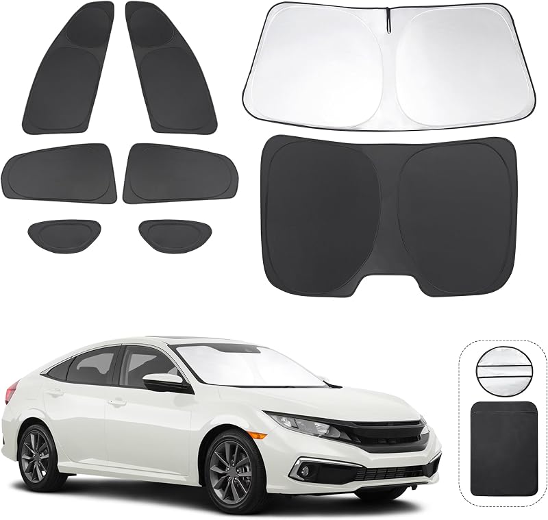 Protetor Solar para Janelas e Para-brisa TINGLU para Honda Civic 2016 a 2021, Preto, Kit com 8 peças
