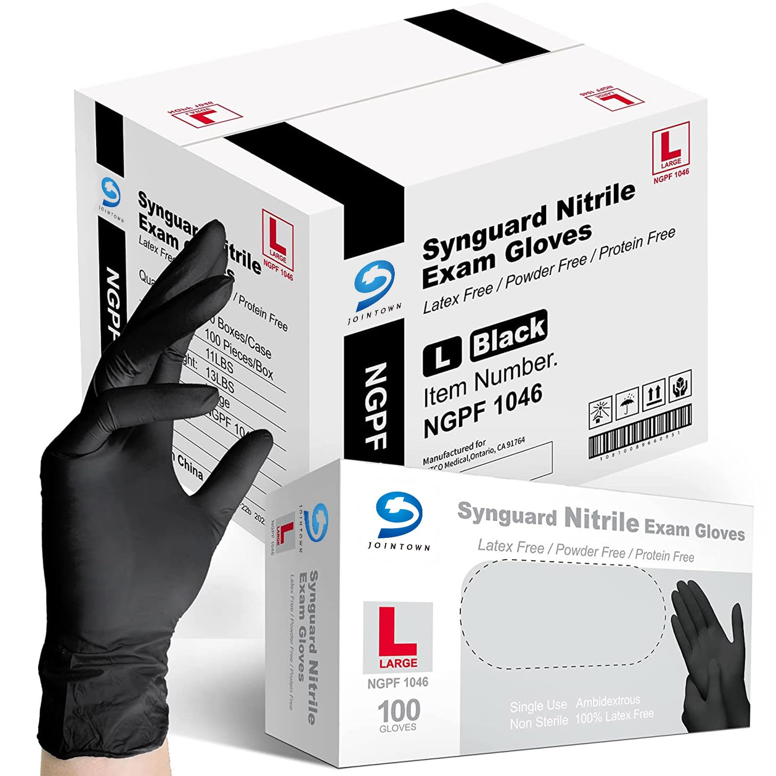 (incomplete) Jointown Basic Medical Black Nitrile Exam Gloves - Latex-Free & Powder-Free - NGPF1046 (Case of 1,000), large