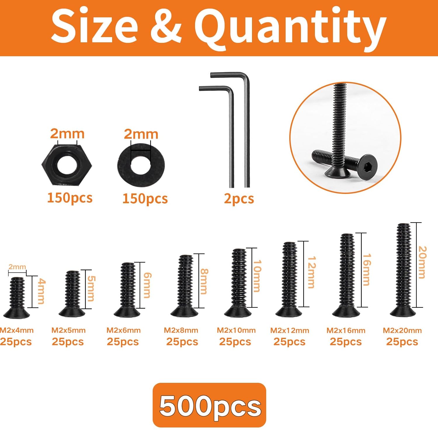500Pcs Countersunk Head Socket Cap Screws M2 x 4/5/6/8/10/12/16/20mm 10.9 Grade Alloy Steel Black Fully Threaded Metric Machine Screws Bolts Washers Nuts Assortment Kit