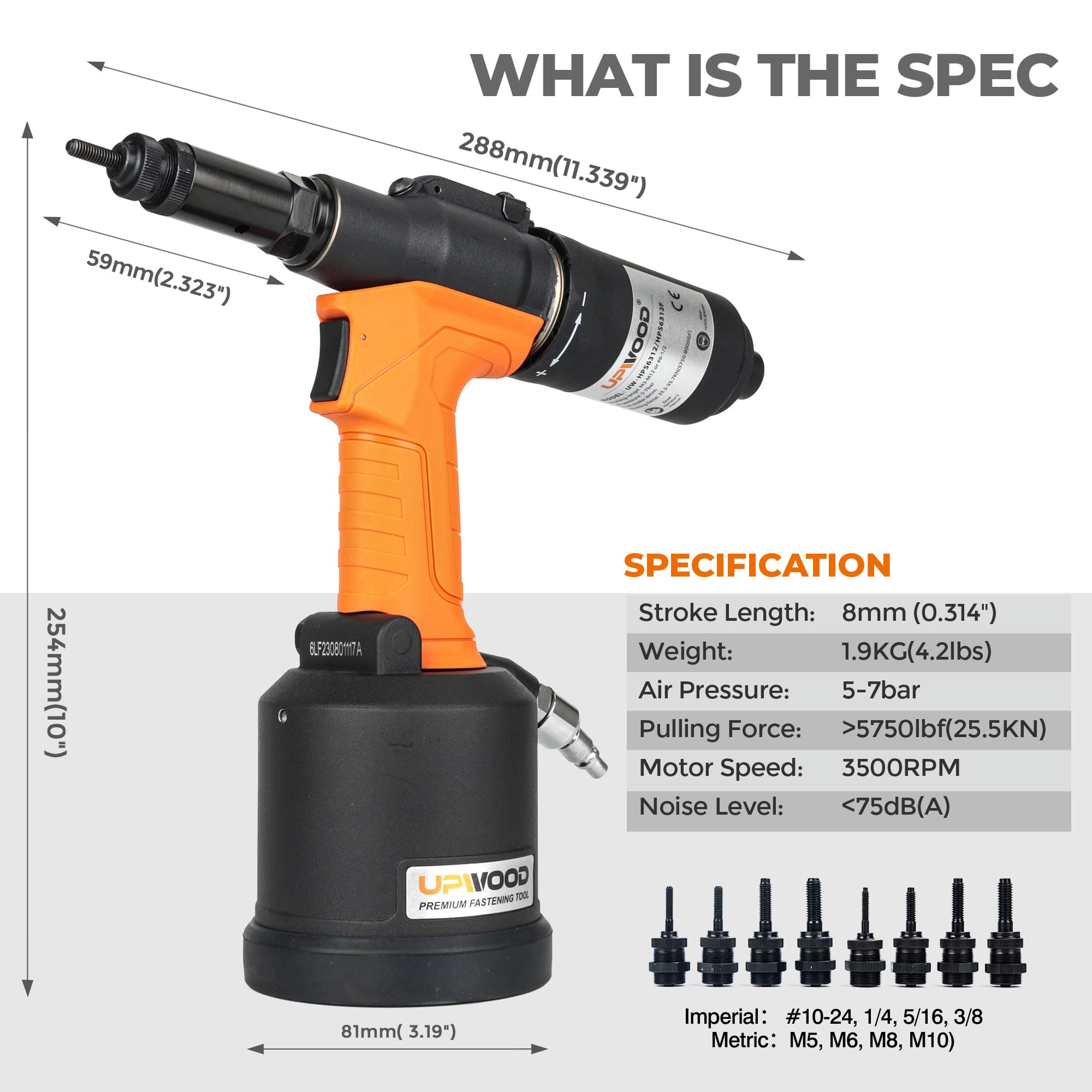 UPWOOD Heavy Duty Air Hydraulic Rivet Nut Tool with reversible button, HPS6312F Pneumatic Riveter Automatic Rivet Nut Gun Tool Setting Kit Come with 8 Size Metric and SAE Nose-Piece Assembly