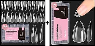 Beetles 288Pcs 12 Sizes Gel Nail Tips Etch-X Stiletto Medium with 576Pcs 12 Sizes Pre-shape Short Almond Etch-X Nail Extension Kit