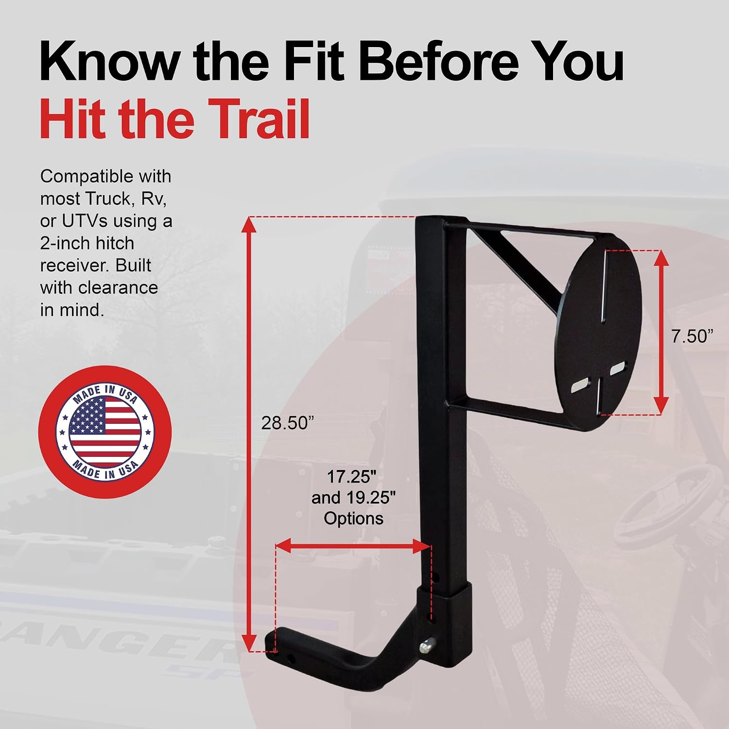 UTV/ATV Quick Adjust Extended Mount Receiver Hitch Spare Tire Carrier Fits 2" Receiver U-4048 Made in USA All Welded Powder Coated