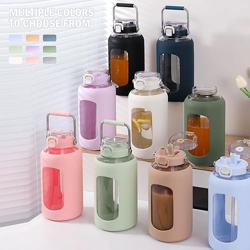 Miniatura 7 de BLUEGO Botella de agua de vidrio de 84 onzas con dos popotes y mango de acero inoxidable, botella de agua motivacional grande con funda de silicona,