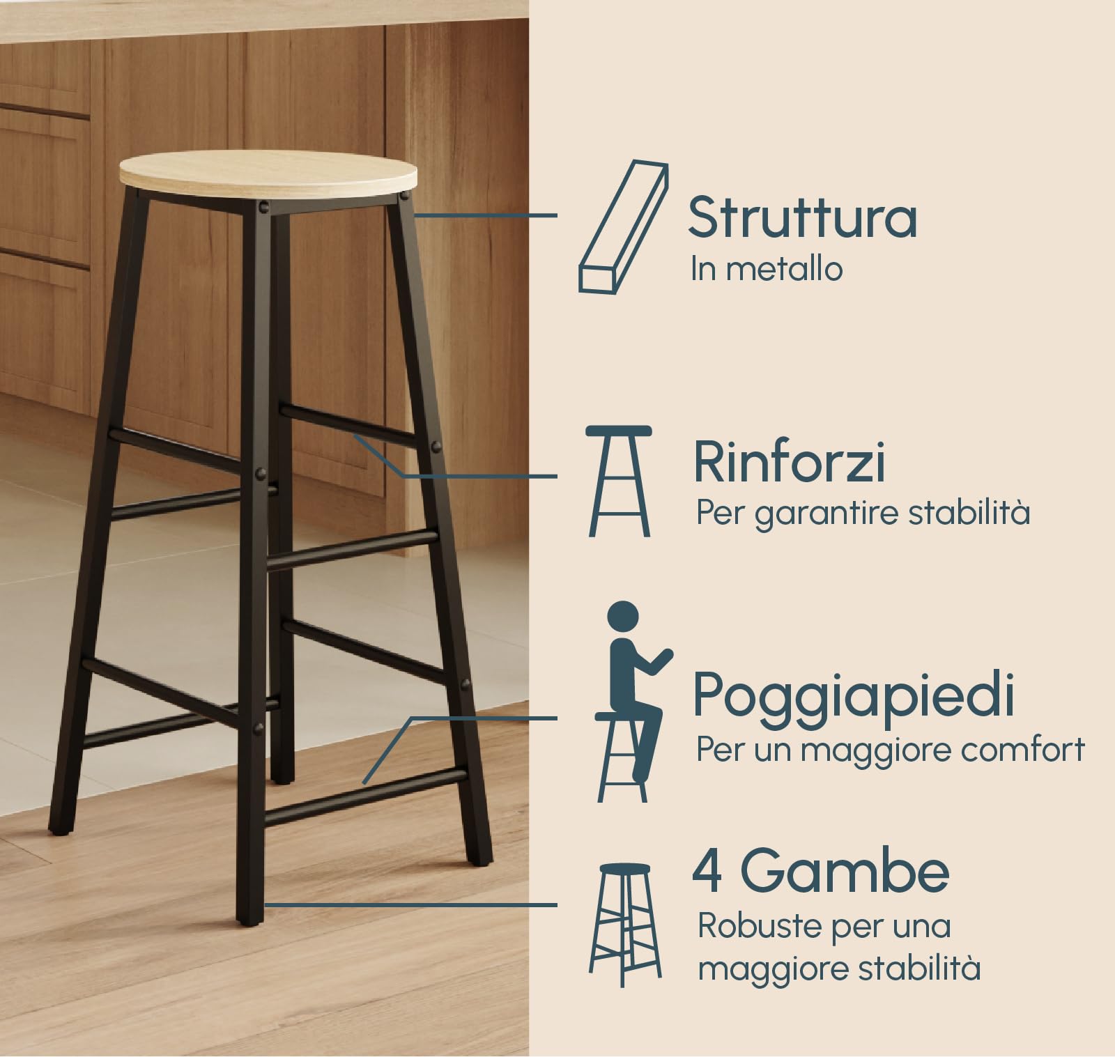 MB Muebles Bonitos, Set 2 Sgabelli Alti da Cucina Lucca, Sgabello da Bar, Moderni, Colore Nero, Struttura in Metallo, Altezza 71cm, per Cucina e Sala da Pranzo.