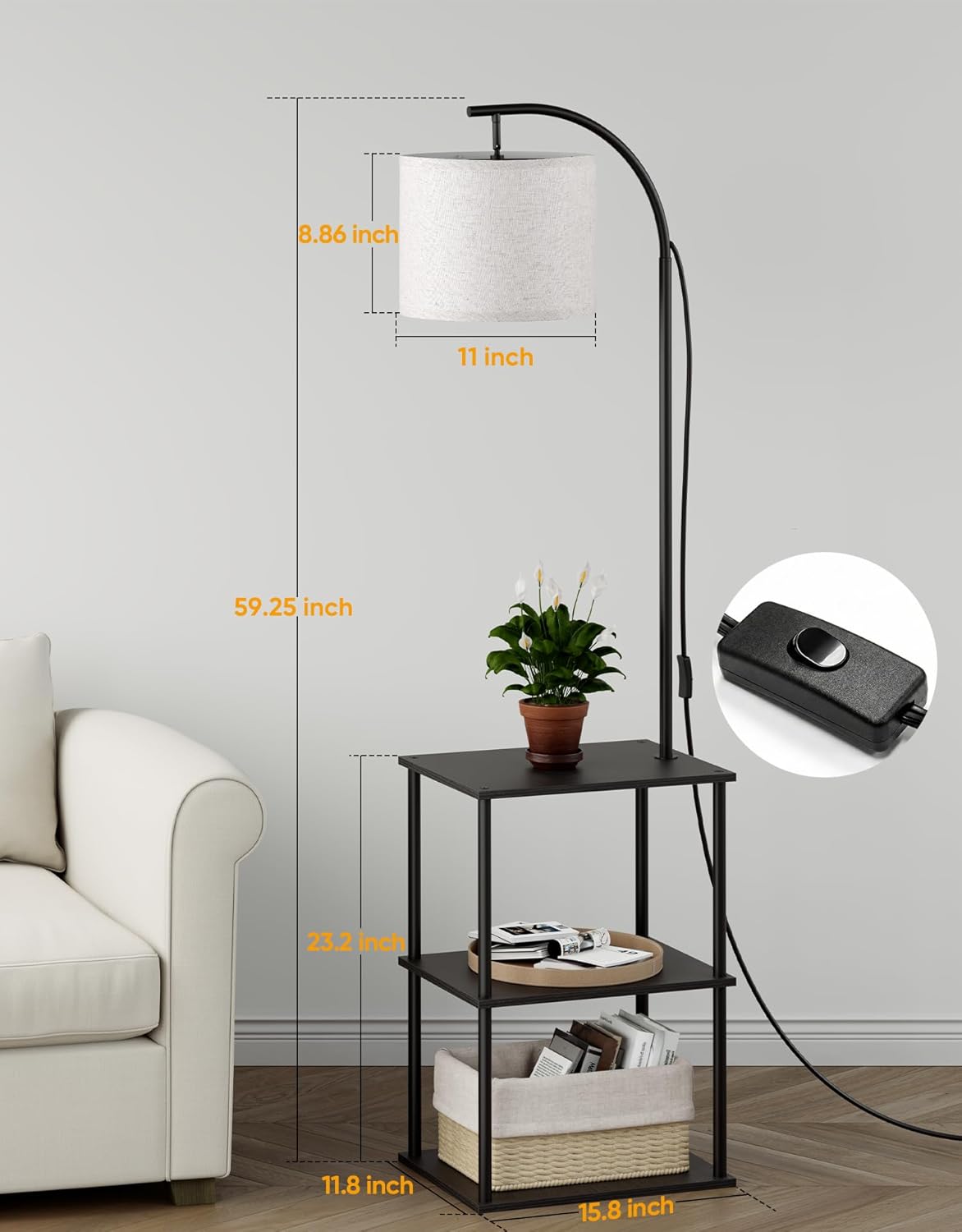 PARTPHONER Floor Lamp with Table, Night Stand with Lamp, Narrow Side Table with 3CCT LED Bulb, Small Coffee Table, Modern End Table with Storage Shelves for Living Room Bedroom Home Décor, Black