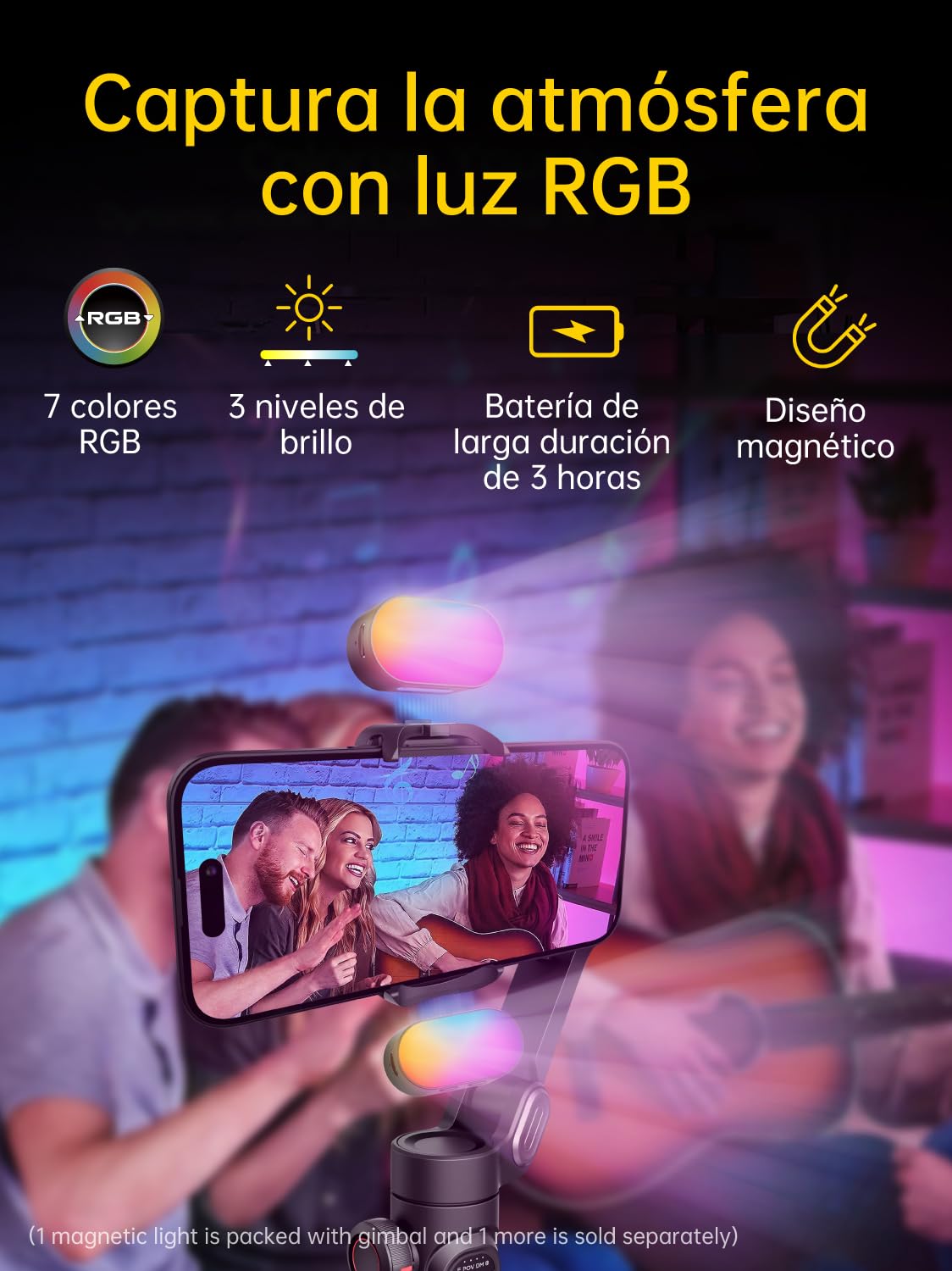 AOCHUAN Estabilizador de cardán de 3 Ejes para Smartphone con luz de Relleno magnético RGB, Rueda de Enfoque de Seguimiento Facial Mejorada, cardán Plegable para iPhone y Android, estabilizador de
