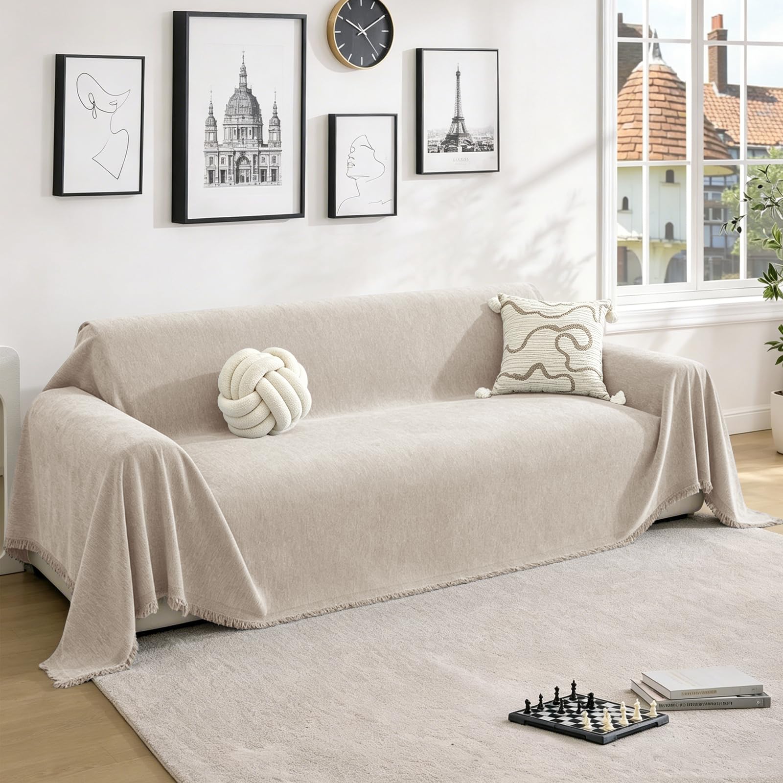 XINEAGE Chenille Sofa Covers 3 Seater, Soft Sofa Slipcovers with Tassel，Washable L Shape Sofa Furniture Cover，Sectional Couch Protector for Pet All-Season，Couch Cover Blanket (180x340cm,Khaki)