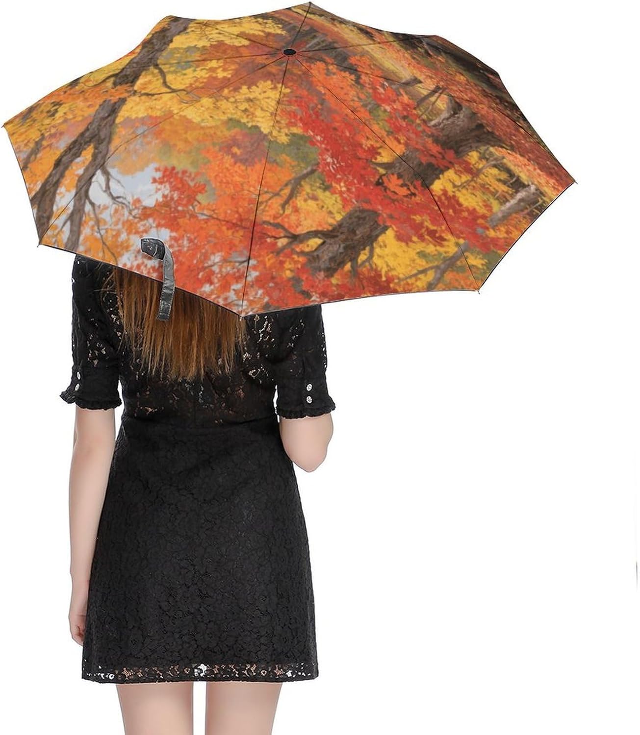 Autumn Maple Leaves Windproof Travel Umbrella, One-Click Automatic Open And Close, Portable Compact Folding Umbrella for Women Men, Fits Backpack & Car