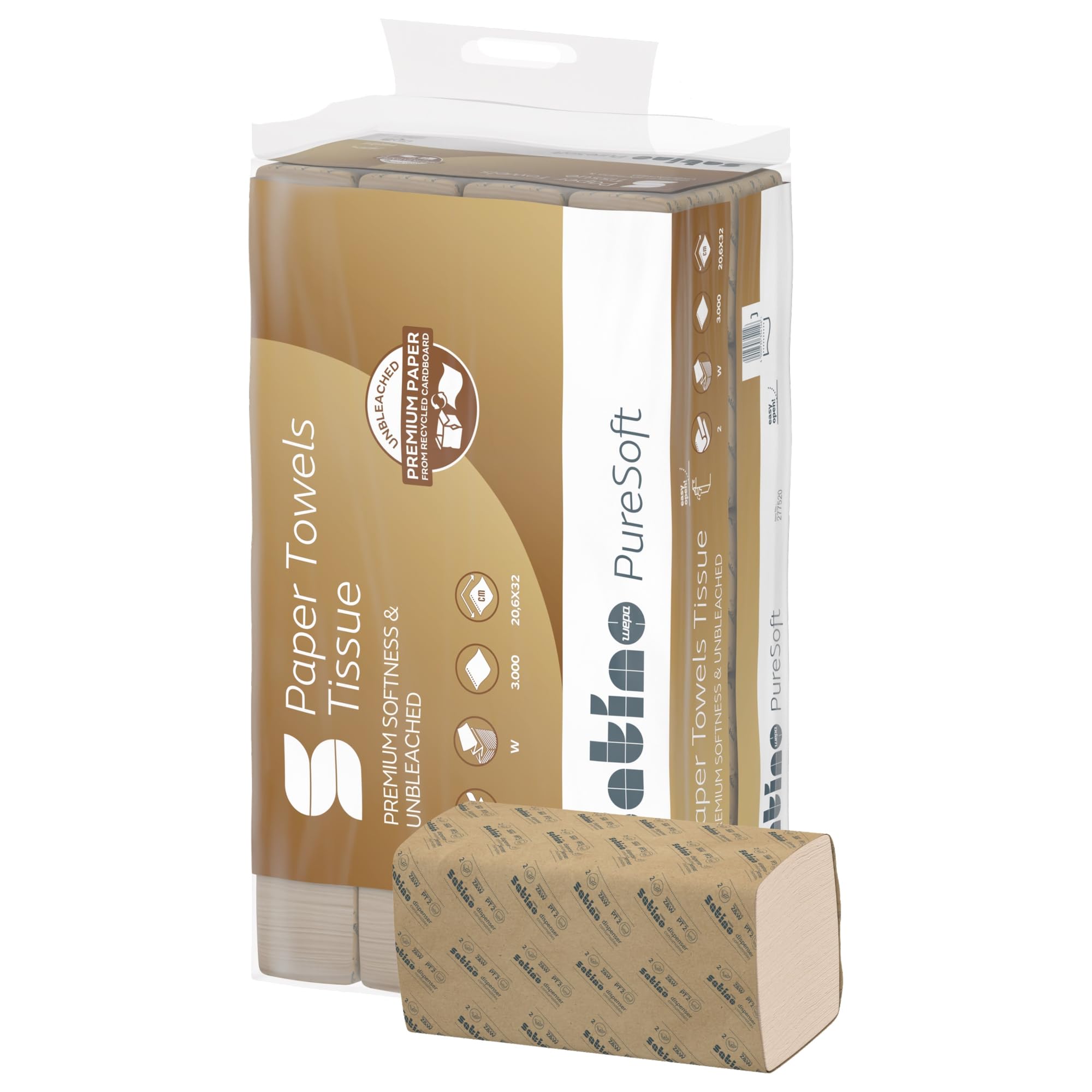 Satino PureSoft V-Falz - Toallas de papel (3200 hojas, 2 capas, 24 x 23 cm cada hoja, suaves, respetuosas con el medio ambiente y sostenibles)