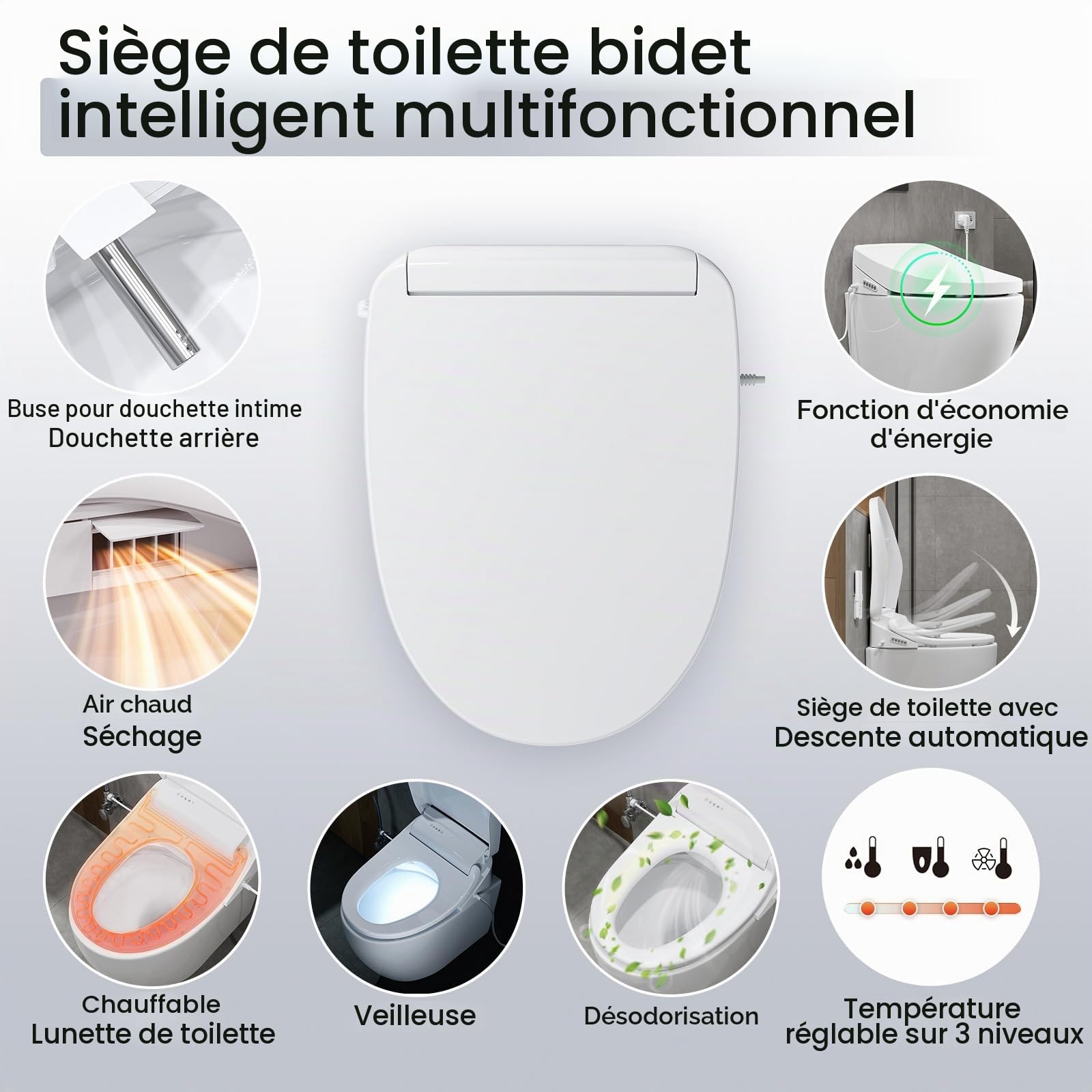 Siège de Toilette Bidet Électronique avec Buse, Intelligent Abattant WC Désodorisante, Toilette Japonaise avec Veilleuse LED, Siège Chauffant, Séchage à l'air Chaud et les Soins Intimes