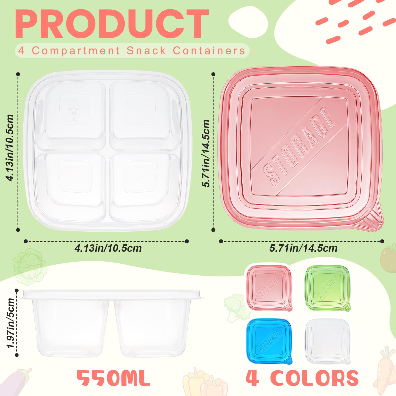 Hushee 20 Pcs 4 Compartment Snack Containers Reusable Bento Snack Food Containers with Lids Meal Lunch Box for School Work Travel, 4 Colors