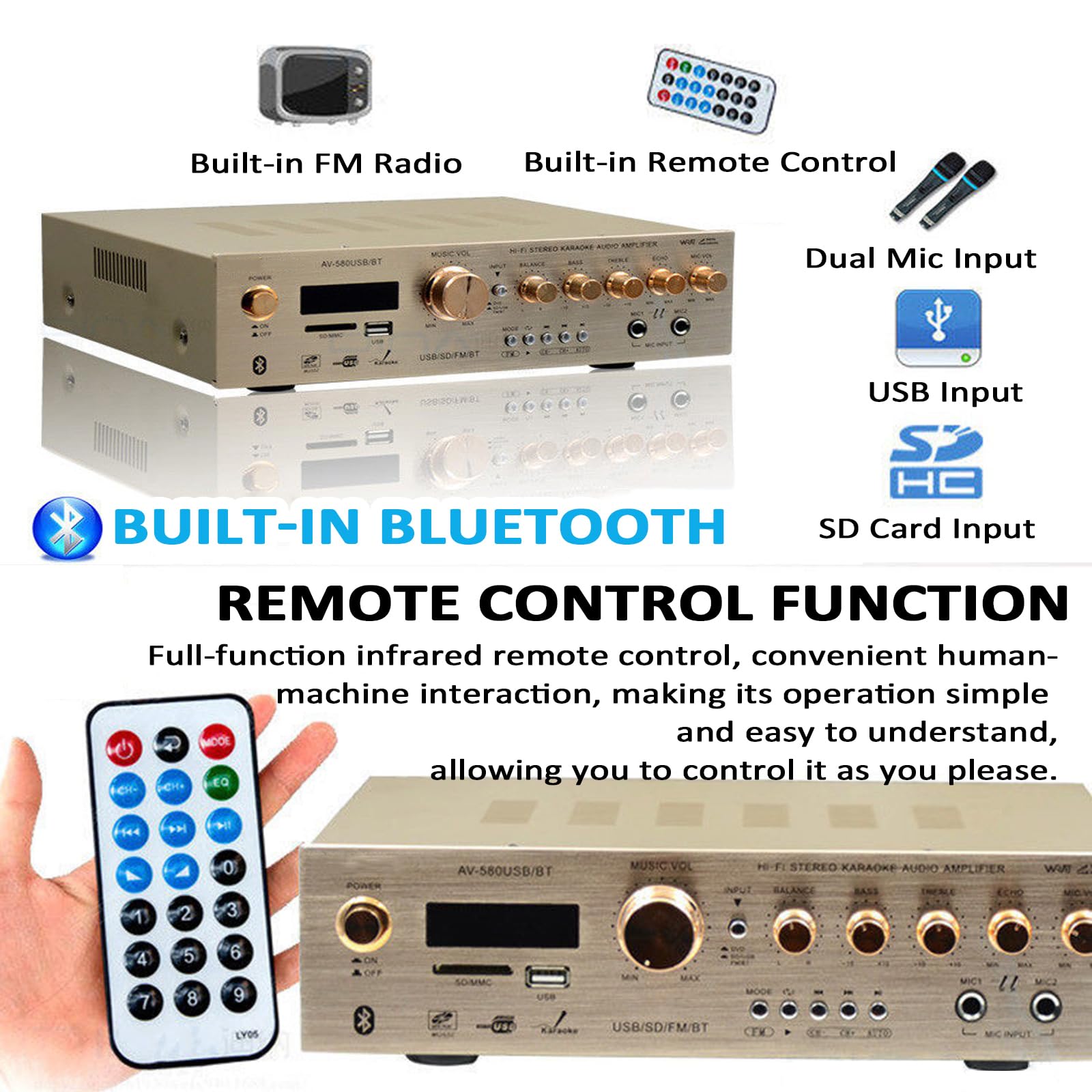 Wzmacniacz audio stereo 750 W, 5.0-kanałowy odbiornik stereo z pilotem (10 M) / USB/SD/podwójny interfejs mikrofonu/BT 5.4, dekodowanie światłowodowe/koncentryczne, do B