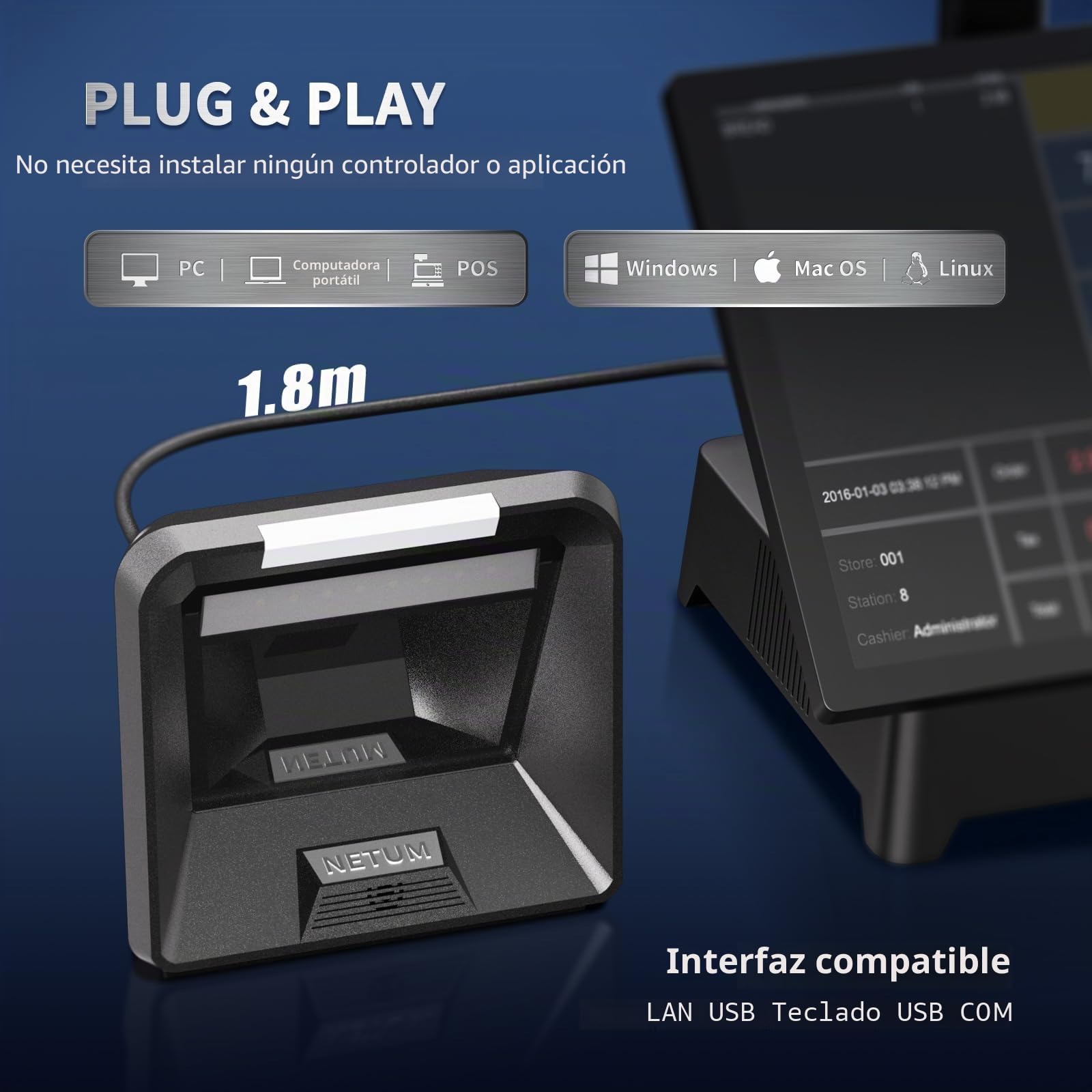 NETUM Escáner de Código de Barras Omnidireccional 2D, Lector de Código de Barras USB Manos Libres con Cable USB 1D 2D QR PDF417 Lector de Código de Barras con Sensor de Megapíxeles de Alta Resolución