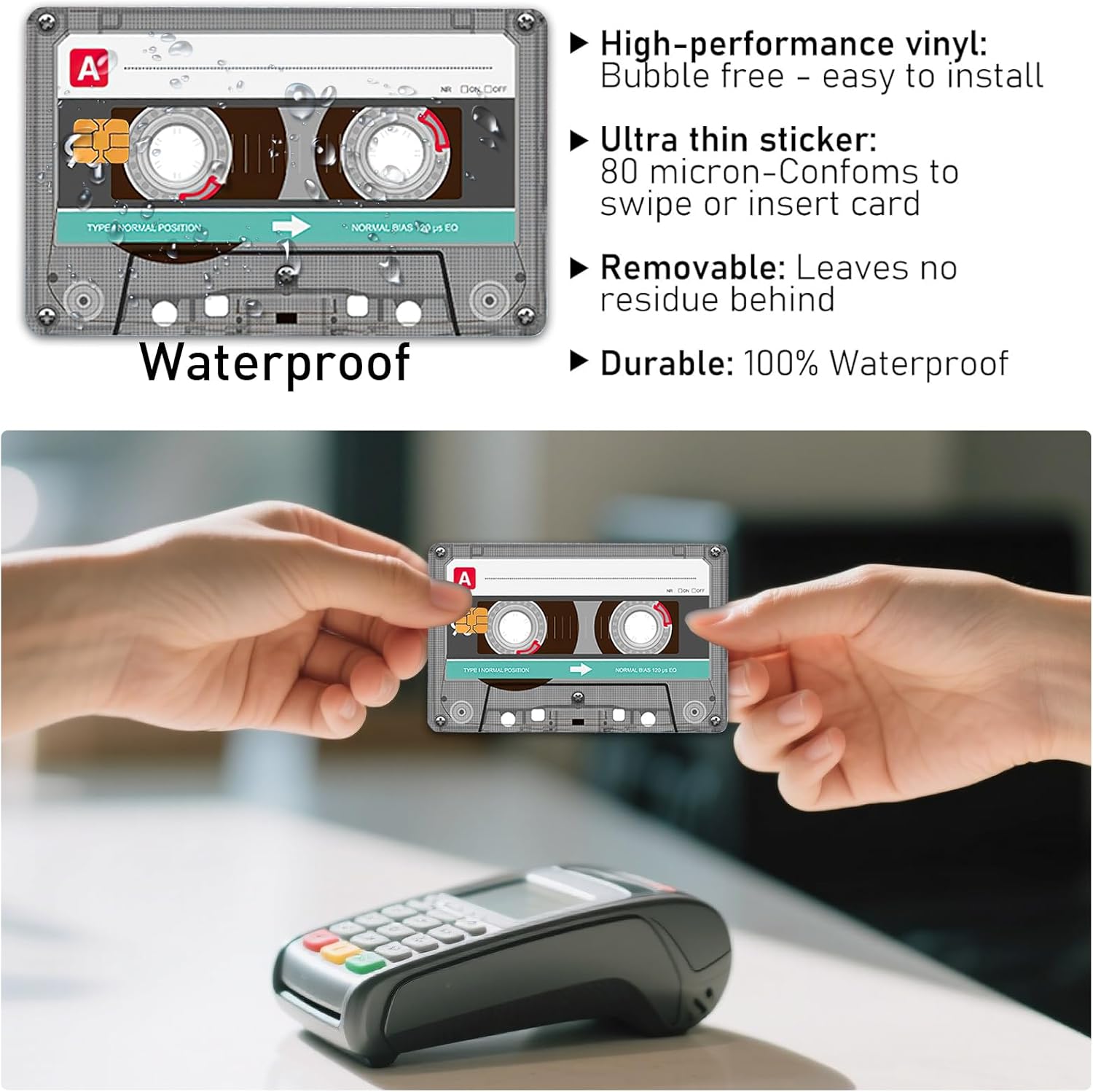 4PCS Audio Tape Credit Card Skin Stickers Set, Waterproof Debit Card Sticker 80s 90s Tape Recorder Themed Credit Card Bank Card Sticker Skins - Image 3