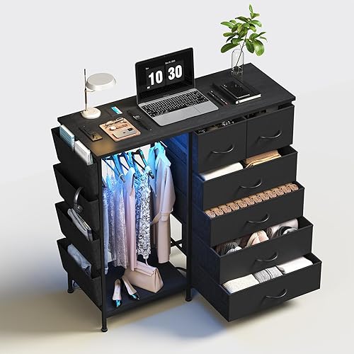 Cómoda de 6 cajones para dormitorio con perchero, cómoda con bolsillos laterales y ganchos, estación de carga y luces LED, parte superior de madera,