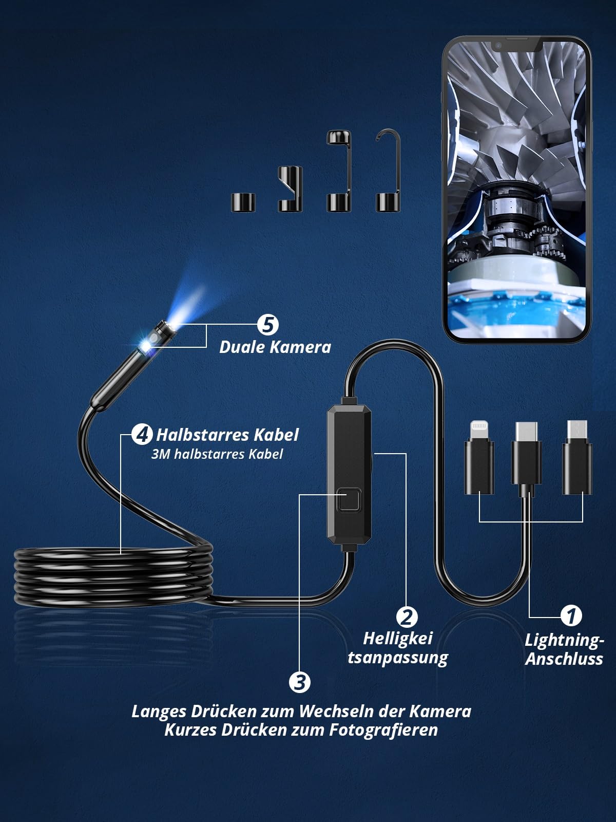 Acoath Endoskopkamera mit Licht, 1920 HD Rohrkamera mit 8 LEDs, IP67 Wasserdichtes Inspektionskamer Handy Gadget, 3M Kanalkamera Werkzeuge für Android & iOS - 2 Lenses
