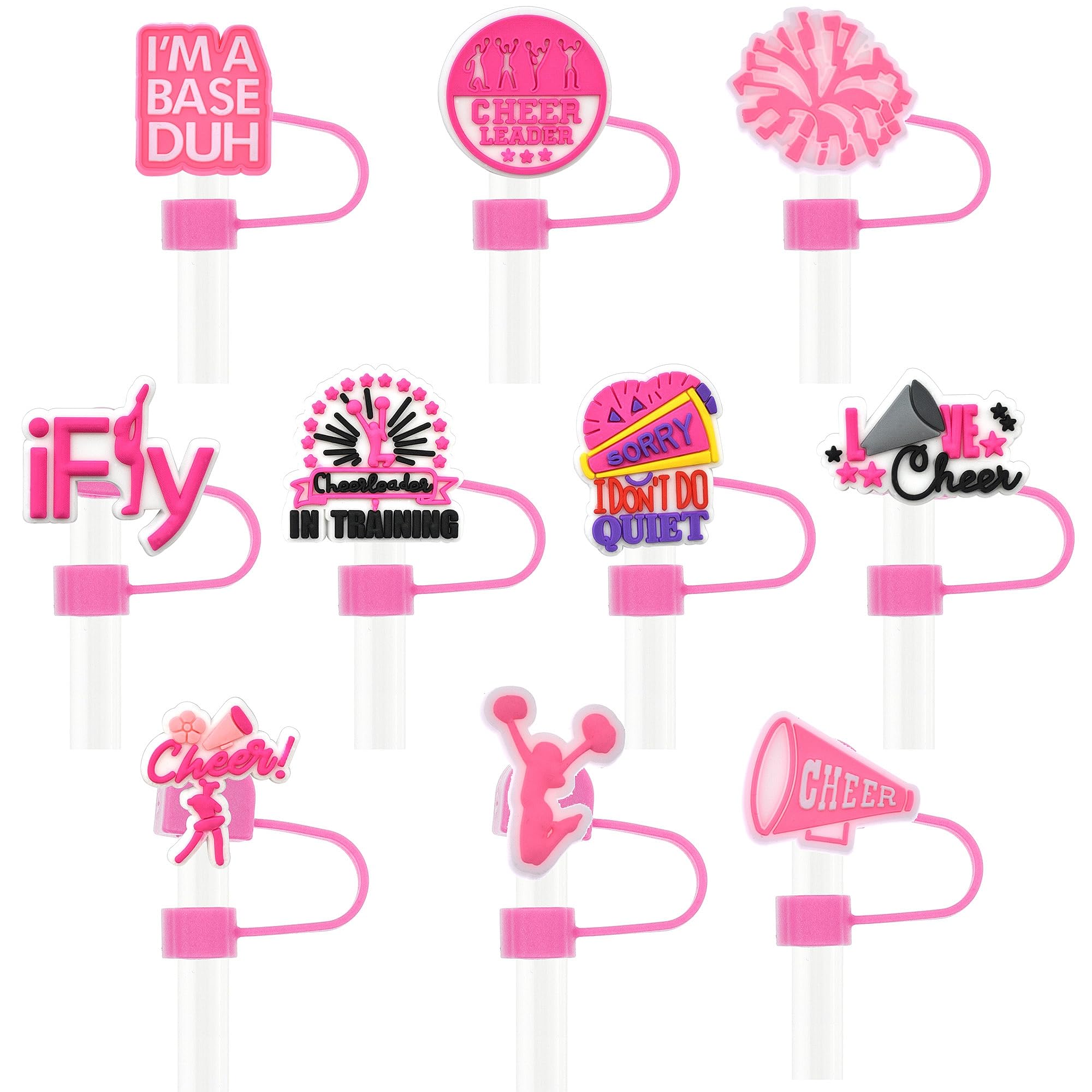 YEALQUE 10Pcs 0.4in Diameter Cheerleading Straw Covers Cap for 30&40 Oz Tumbler, Dust-Proof Reusable10MM Cool PVC Cheer Straw Toppers for Cup Accessories Party Favor