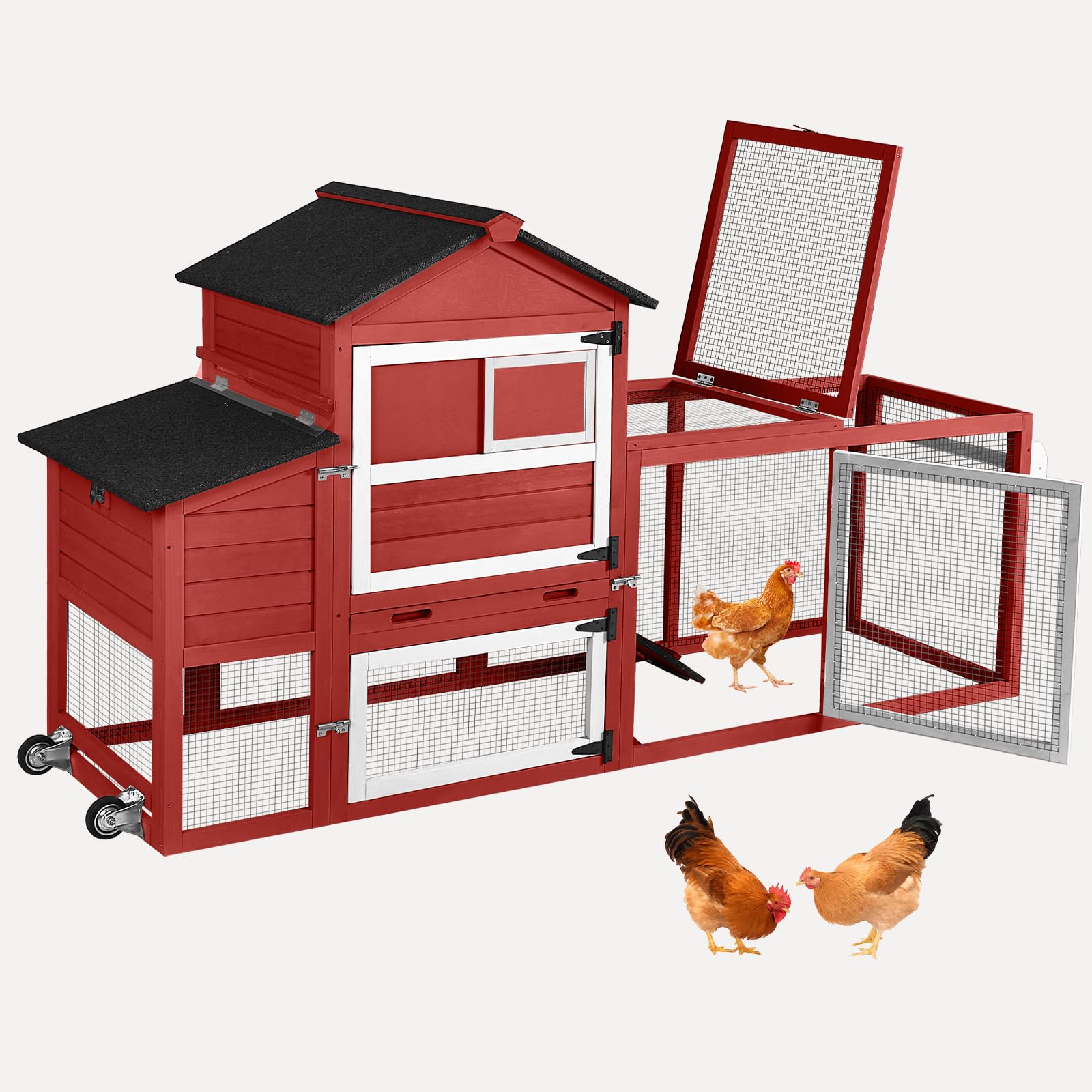 Chicken Coop Outdoor Mobile Chicken House, Expandable Hen House with Wheels, Nesting Box, Leakproof Pull-on Tray and UV-Resistant Roof Panel (Red)