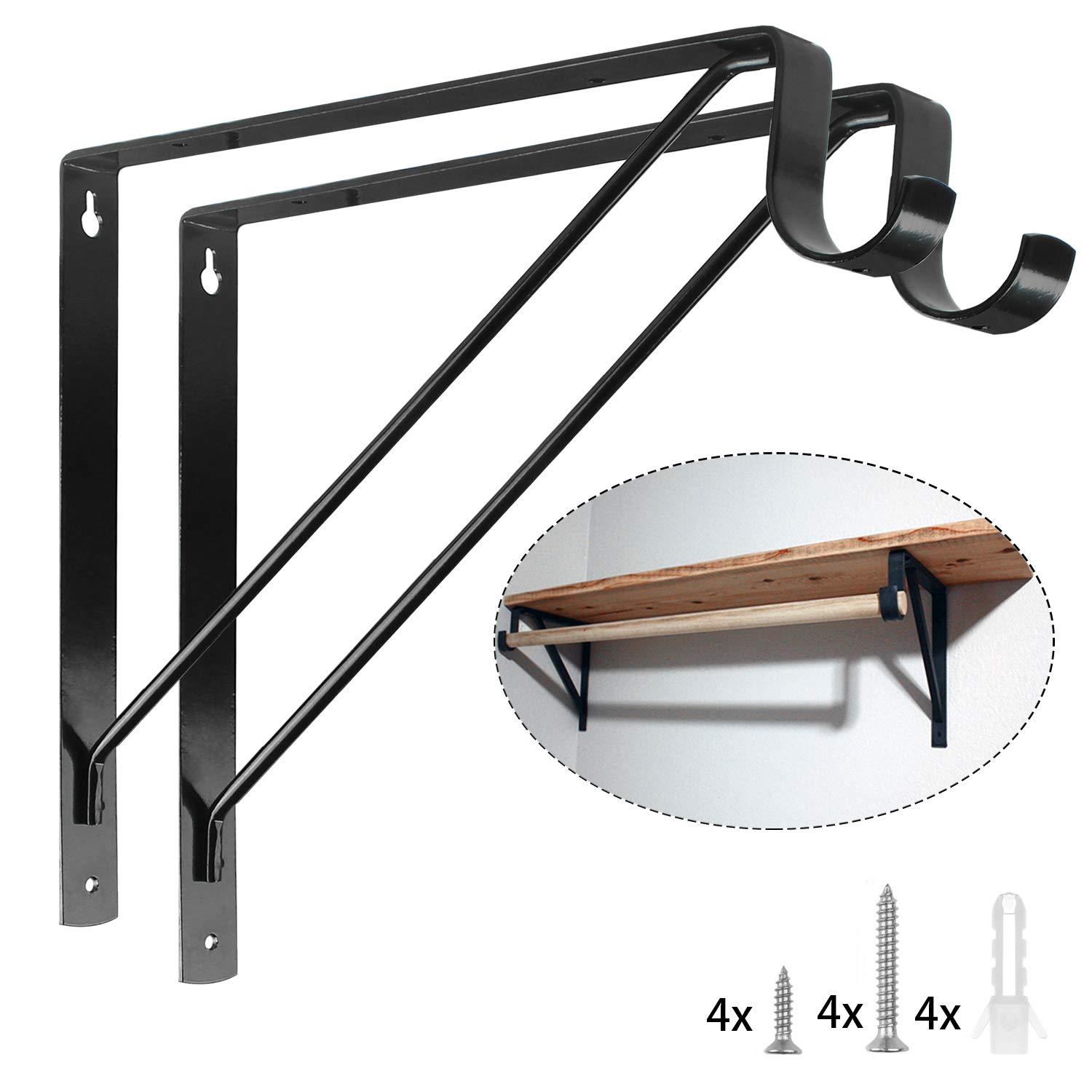 2 Packs of Heavy Duty Closet Shelf and Rod Bracket, Eau Black Closet