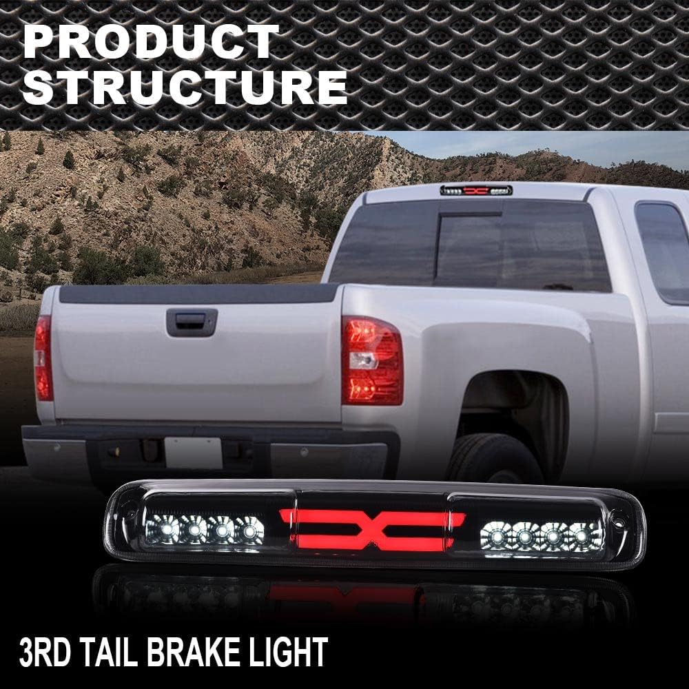 CNNELL Brake Lights Assembly Compatible with Silverado/Sierra 1999 2000 2001 2002 2003 2004 2005 2006 2007 3D LED Third 3RD Tail Brake Light+Reverse Lamp(Smoked Lens Black Bottoms)