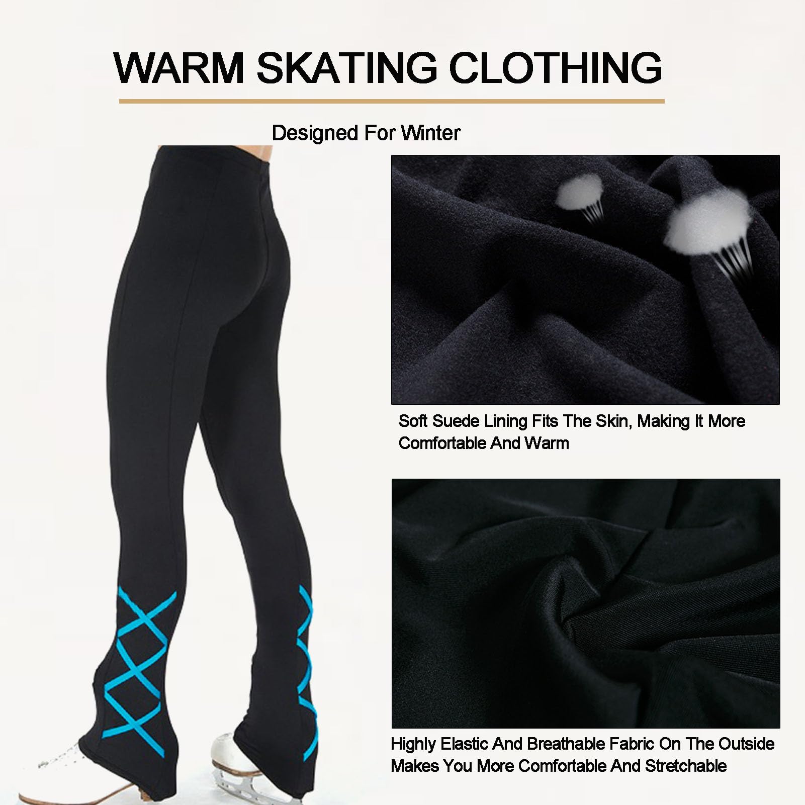 Spodnie do jazdy figurowej, legginsy do jazdy na łyżwach z wysokim stanem i strasami, spodnie treningowe, dziewczęce, damskie, polarowe, ciepłe spodnie do jazdy na łyżwach (niebieskie L)