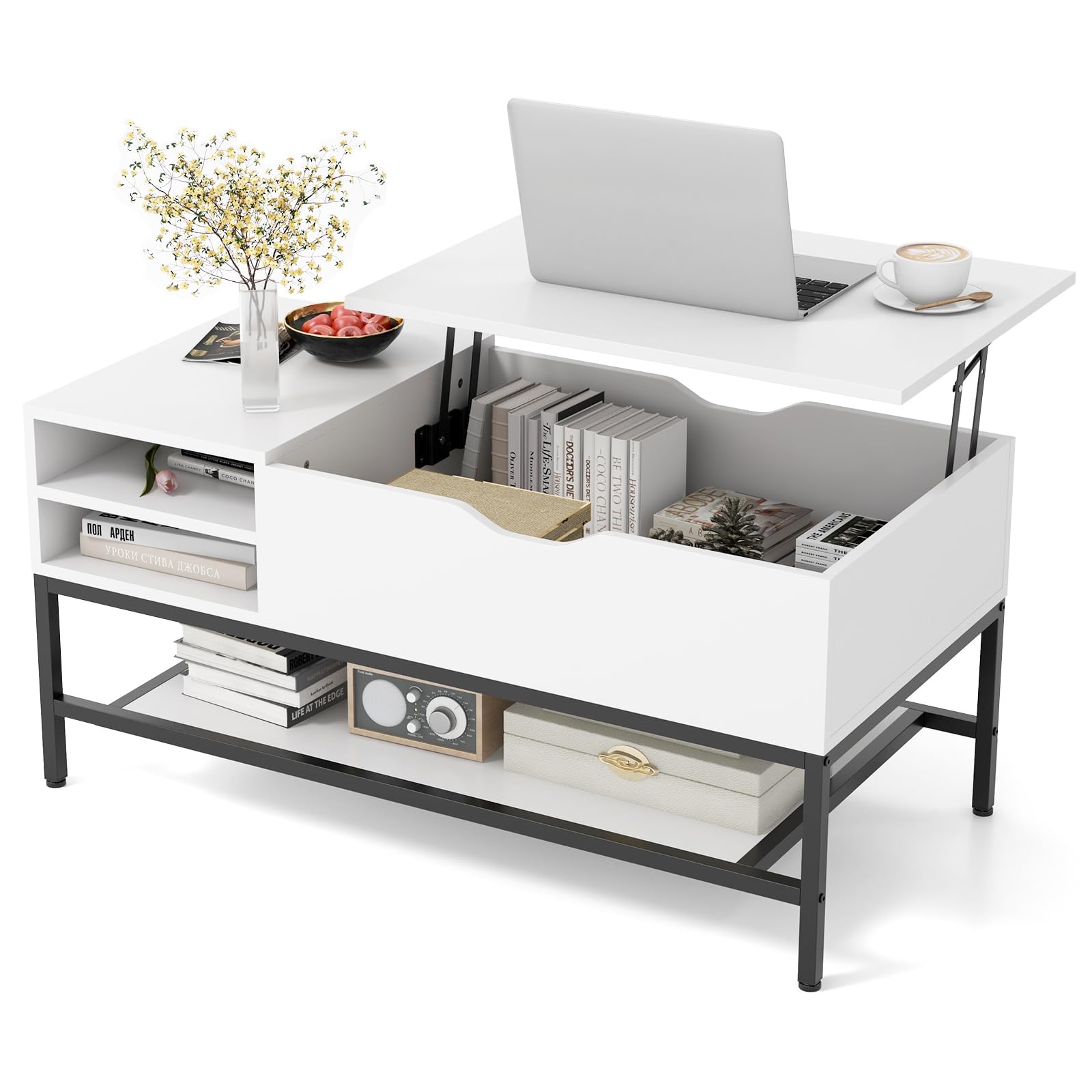 GOPLUS Mesa de Centro Elevable Con Compartimento Oculto y Estante de Almacenamiento Abierto, Moderna Rectangular para Salón Oficina, 100 x 49,5 x 47,5 cm (Blanco)
