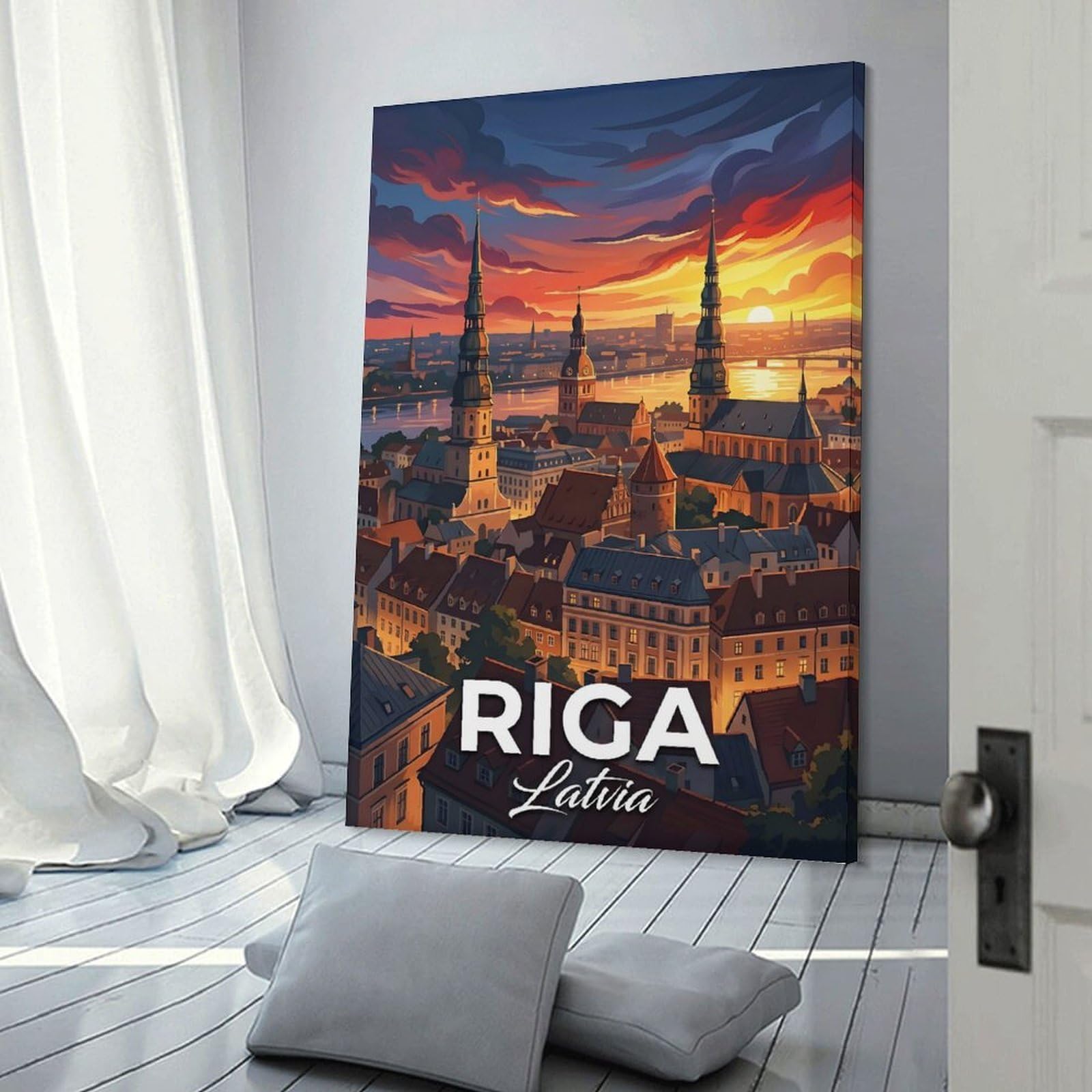 Junmoney Riga, Latvia Sunset Cityscape Hanging Wall Art 20x30inch(50x75cm), for New Homes, Bedrooms Or Workspaces, Thoughtful Wall Decor for Art Lovers