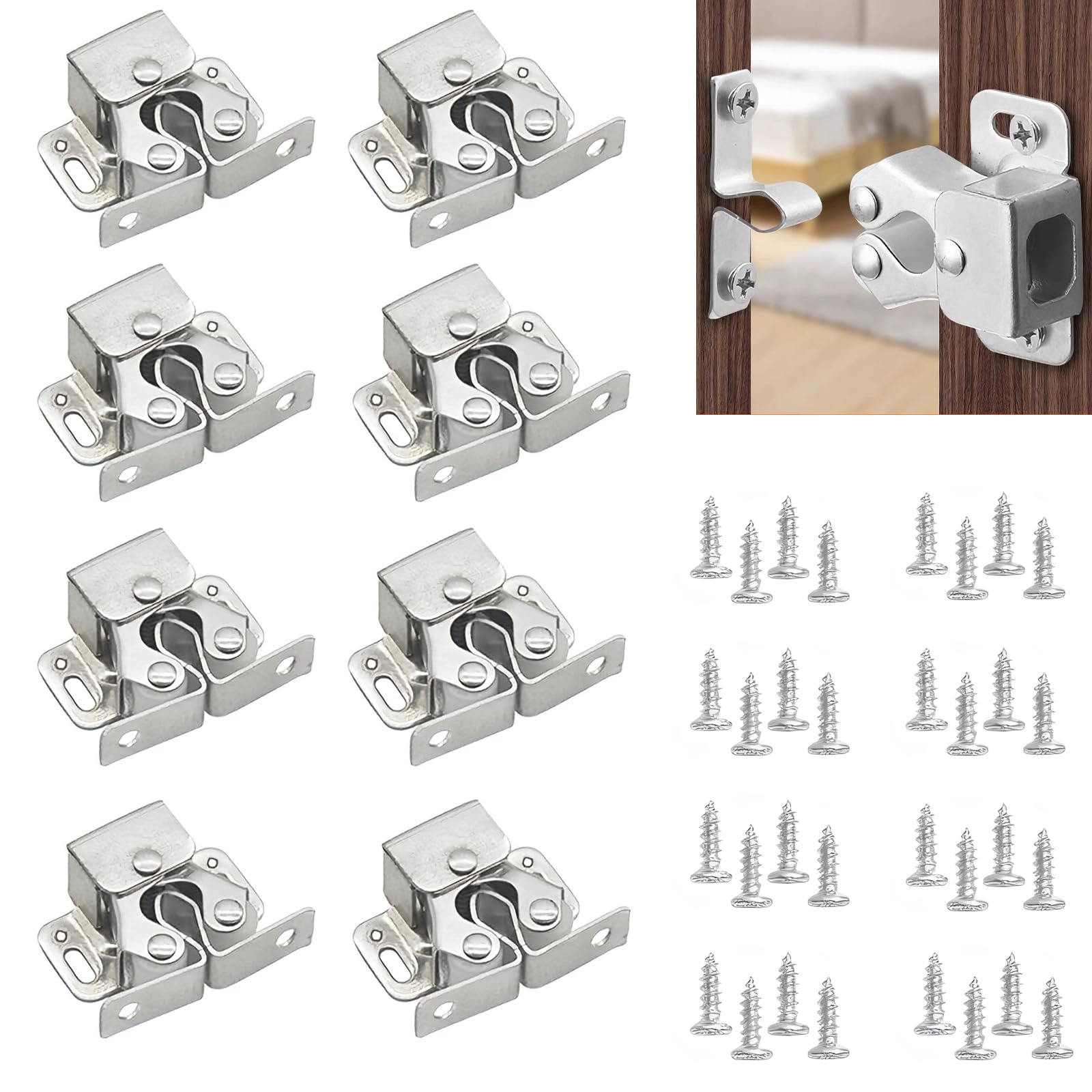 HattusaShield 6 Pcs Door Catches Latches, Double Roller Strong Hold Cupboard Cabinet Caravan Door Catches, Closet Kitchen Cabinet Latch with 24 Screws(Silver)