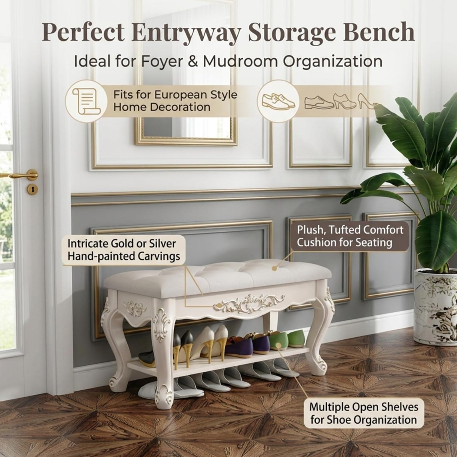 Medieval Style Entryway Shoe Bench with Padded Seat