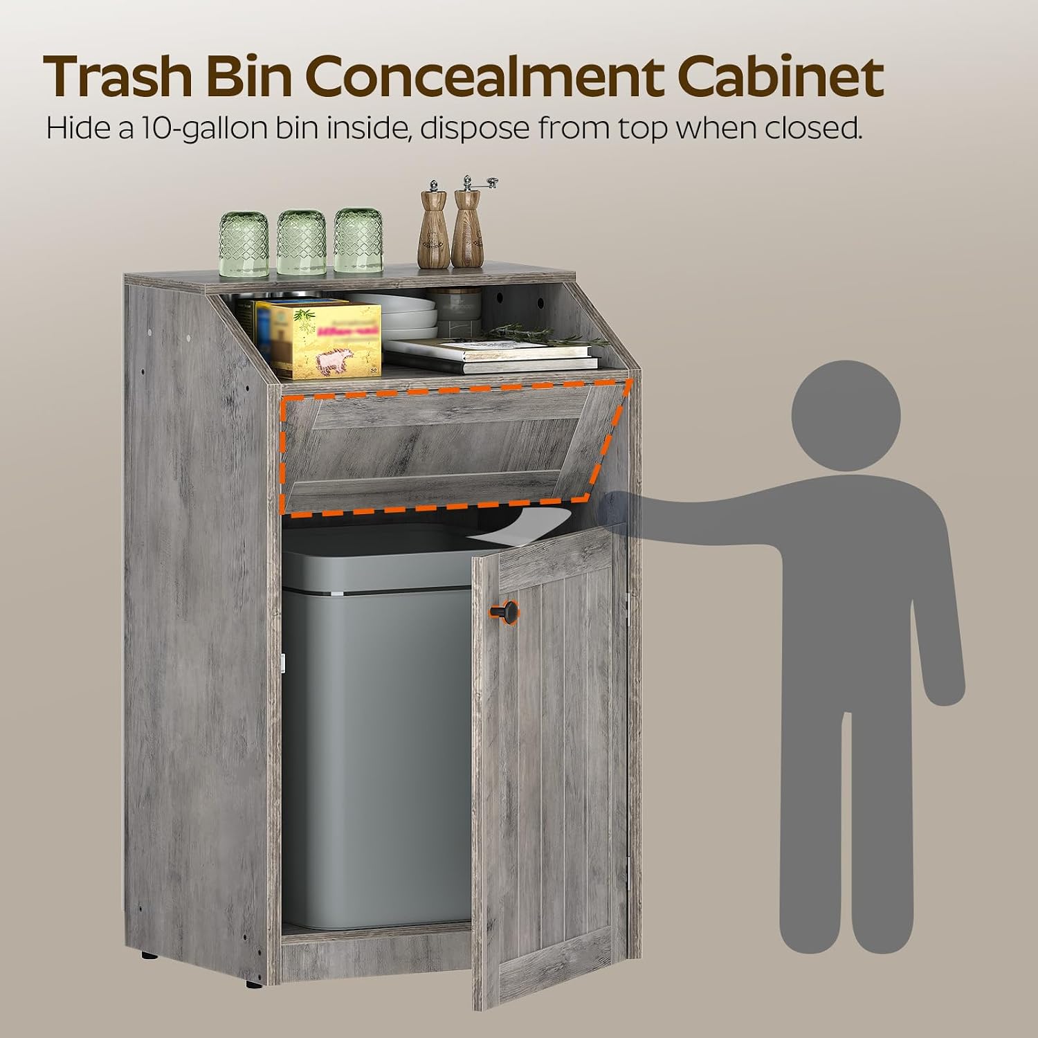 YATINEY Trash Cabinet, Freestanding Trash Can Cabinet, Wooden Recycling with Flip Door, 10 Gallon Hidden Kitchen Garbage Can for Kitchen, Living Room, Grey WB01BG