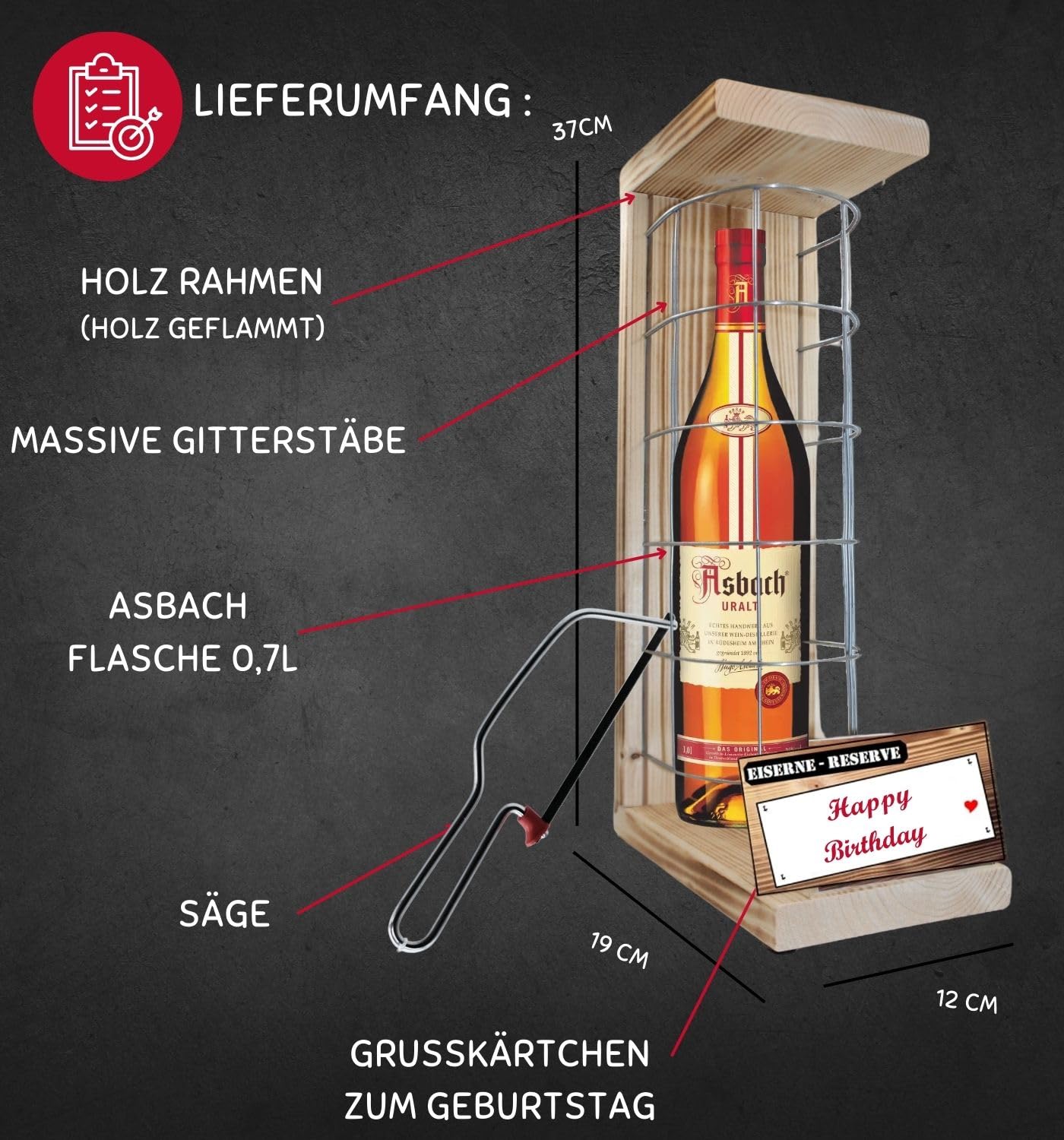 Asbach Uralt - Geburtstag Geschenk Eiserne Reserve Gitter Text rot: Happy Birthday Brandy (1 x 0.70 l)