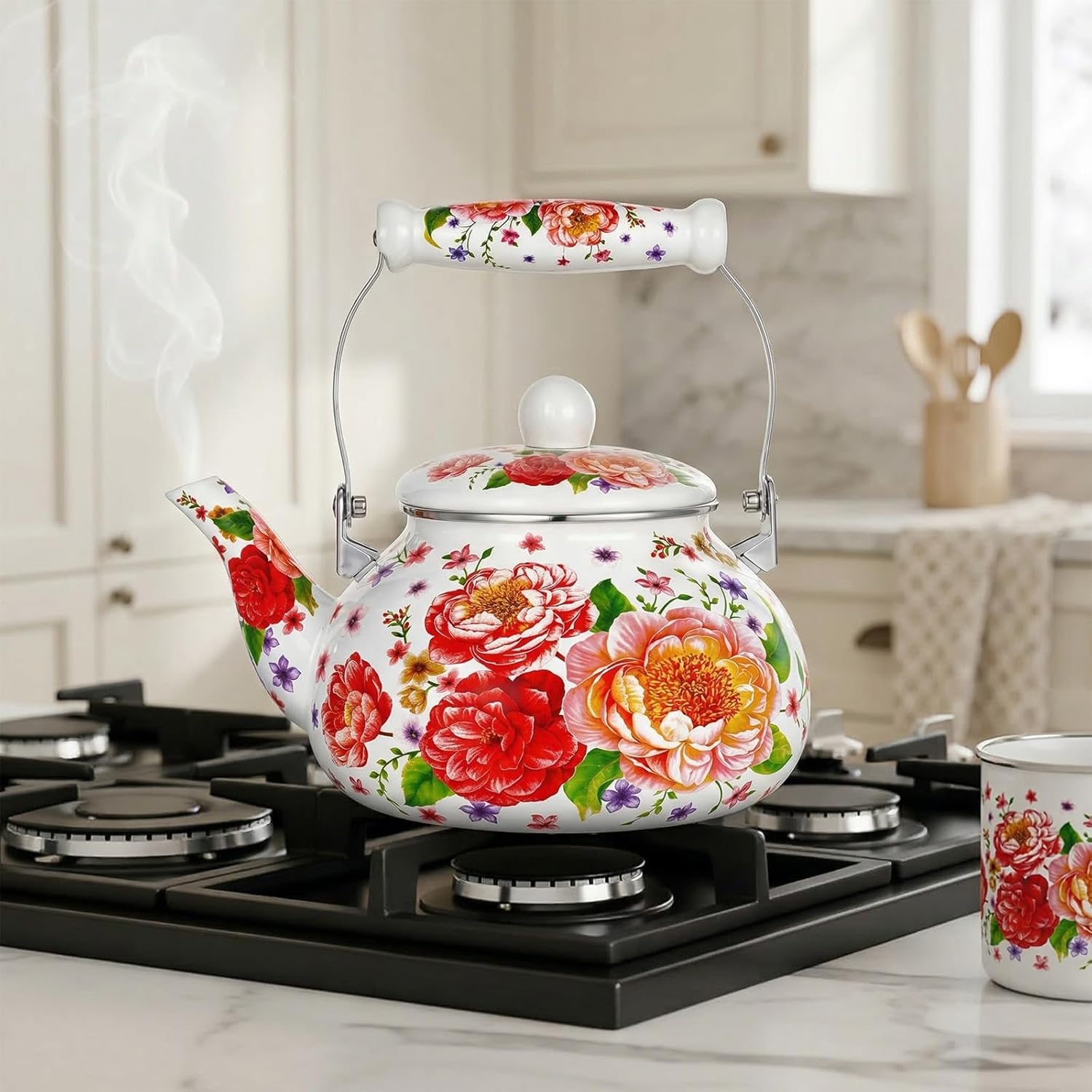 2.6 Quart Floral Enamel Tea Kettle, Vintage Enameled Teapot Stovetop, Enamel on Steel Water Coffee Tea Pot with Ceramic Handle, Colorful Hot Water Kettle for Home Kitchen Decor, No Whistling