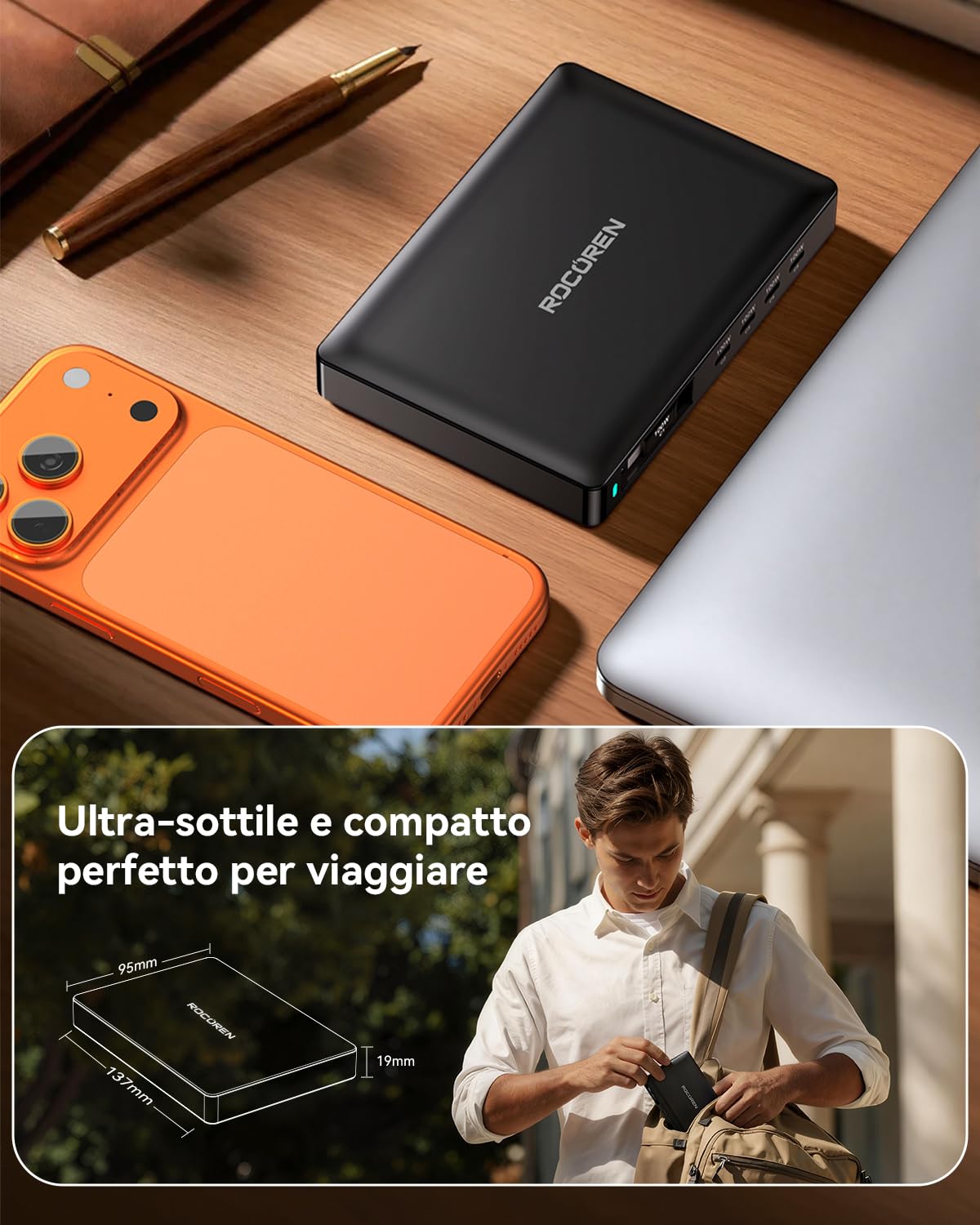 Rocoren Caricatore USB C 8 in 1 Multiplo con Cavo Retrattile, Ricarica USB GaN, più Dispositivi Compatibili con Laptop, MacBook, iPad, iPhone, Samsung e Altro Ancora