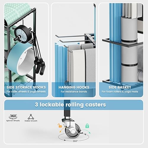 Vista 12 de Estante de almacenamiento para esterilla de yoga, estante de almacenamiento de gimnasio en casa, equipo de entrenamiento, organizador de Negro