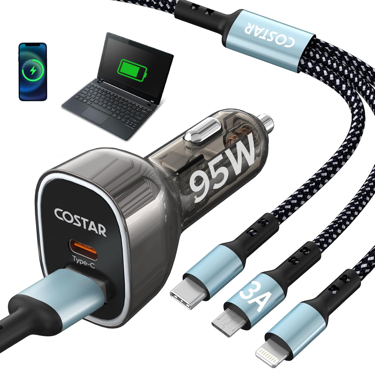 COSTAR 95W Car Charger Fast Charging for Laptop with Dual Ports, Type-C QC 65W+ USB PD 30W, Compatible with Laptop, Tablets, Mobile and Others, Car Mobile Charger with 60W 3 in 1 Fast Charging Cable (B0D7HQ6X2W) Amazon Price History, Amazon Price Tracker
