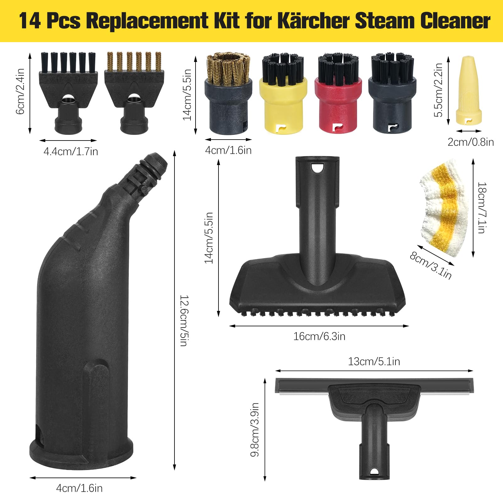 Lot de 14 Accessoires pour Nettoyeur Vapeur Kärcher SC1 SC2 SC3 SC4 SC5 Comprenant Buse Manuelle/Buse Incurvée/Buse Allongée/Grattoir à Vapeur/Brosse Ronde/Suceur Plat/Chiffon en Microfibre