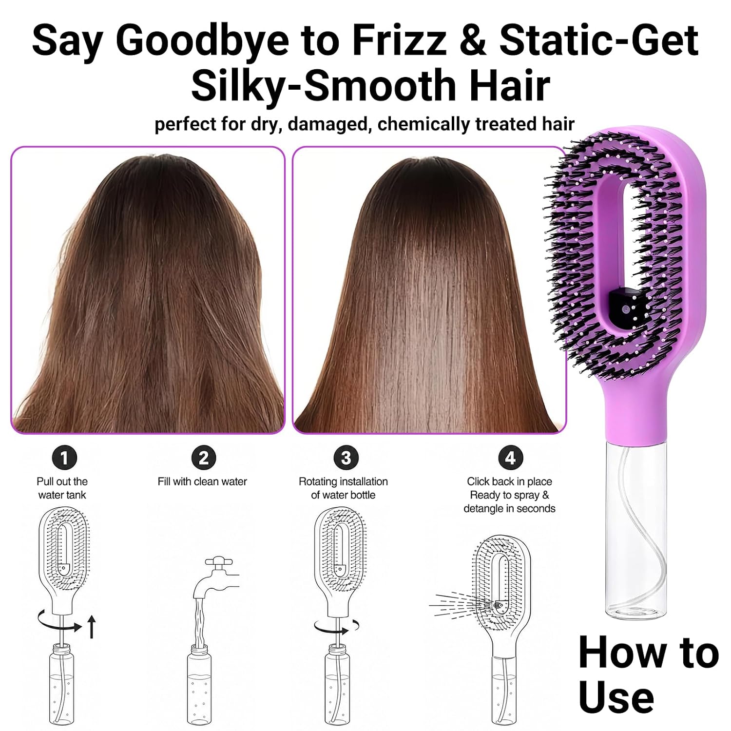 2-IN-1 Detangling Hair Brush with Mister Spray, Non-Electric Wet & Dry Detangler Brush for Curly, Wavy & Straight Hair, No-Tangle Anti-Frizz Hair Detangler Brush for Daily Styling