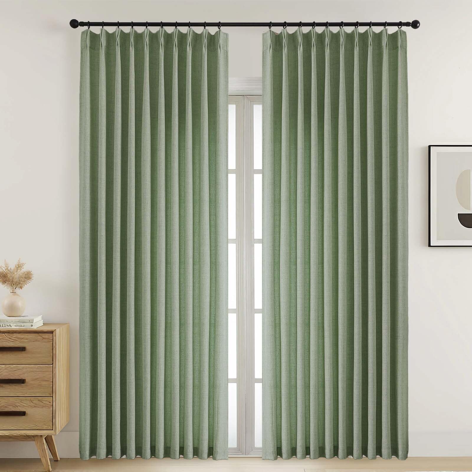 Ebesto Extra Wide Green Pinch Pleated Curtains 90 Inches Long 2 Panels Set, Light Filtering Soft Airy Fabric Textured Curtains for Patio Sliding Glass Door, Modern Window Drapes, 2x60Wx90L Inches